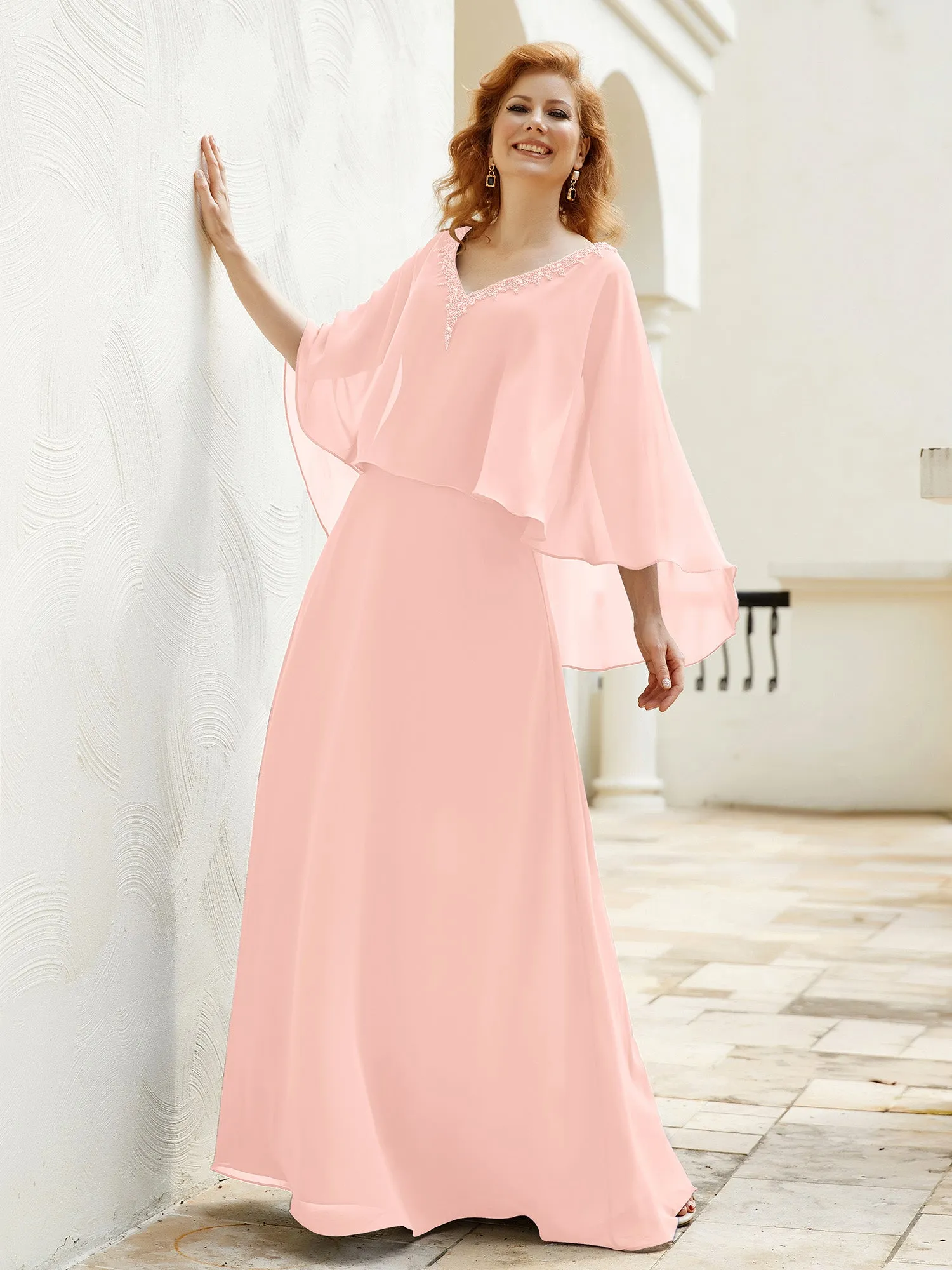 A-Line Flutter Cape Sleeves Dress with Beaded V-neck-Coral