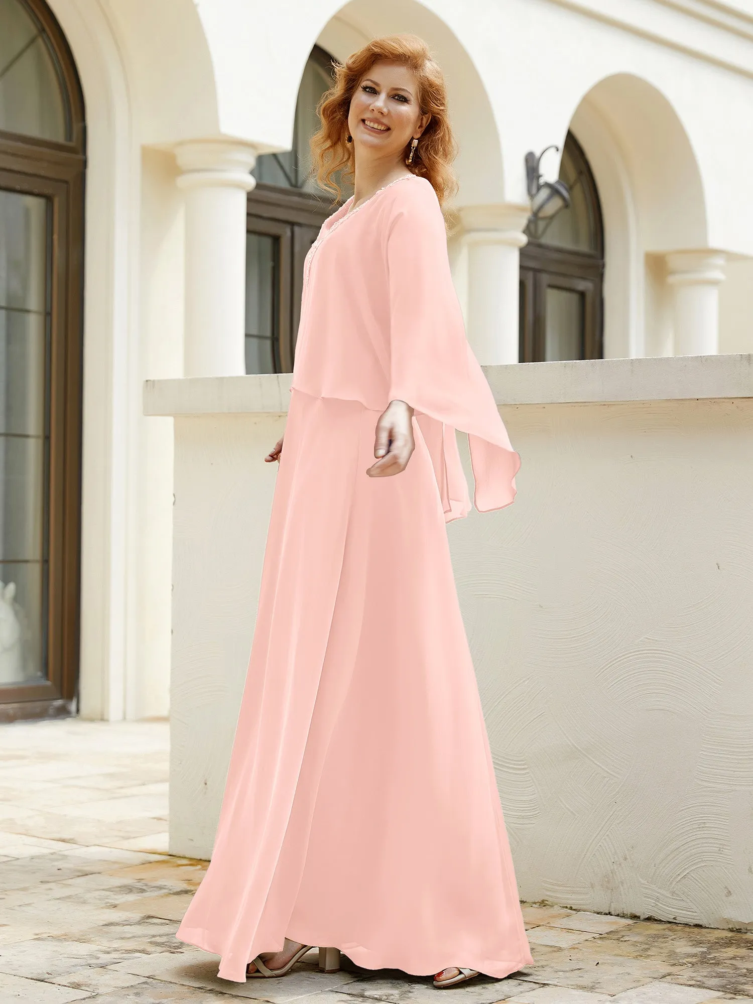 A-Line Flutter Cape Sleeves Dress with Beaded V-neck-Coral