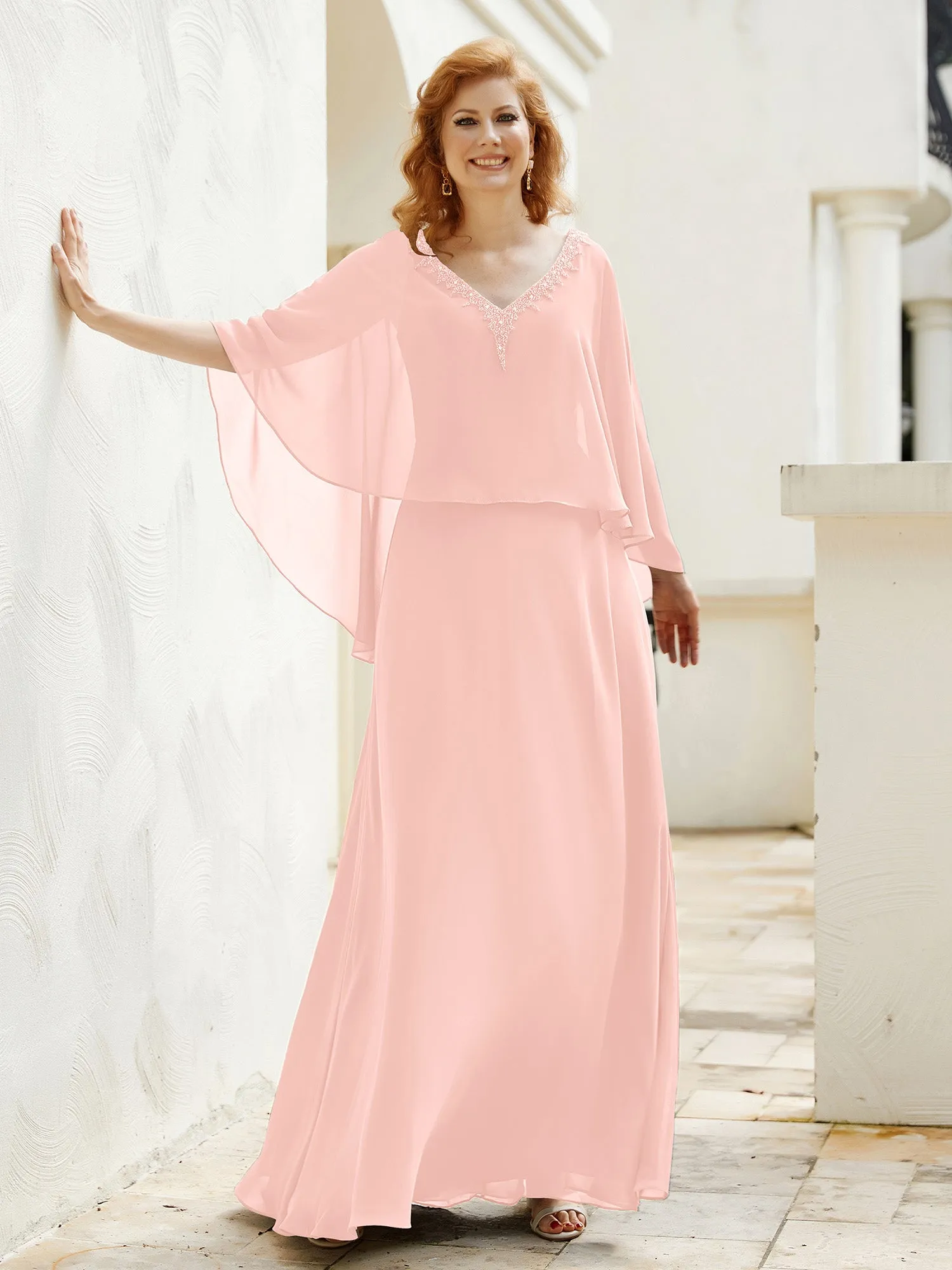 A-Line Flutter Cape Sleeves Dress with Beaded V-neck-Coral