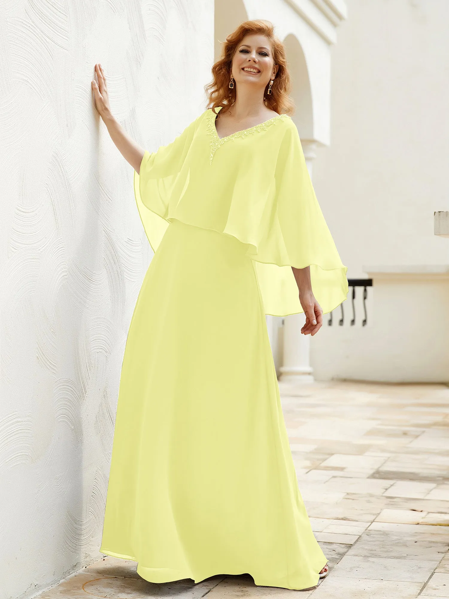 A-Line Flutter Cape Sleeves Dress with Beaded V-neck-Daffodil