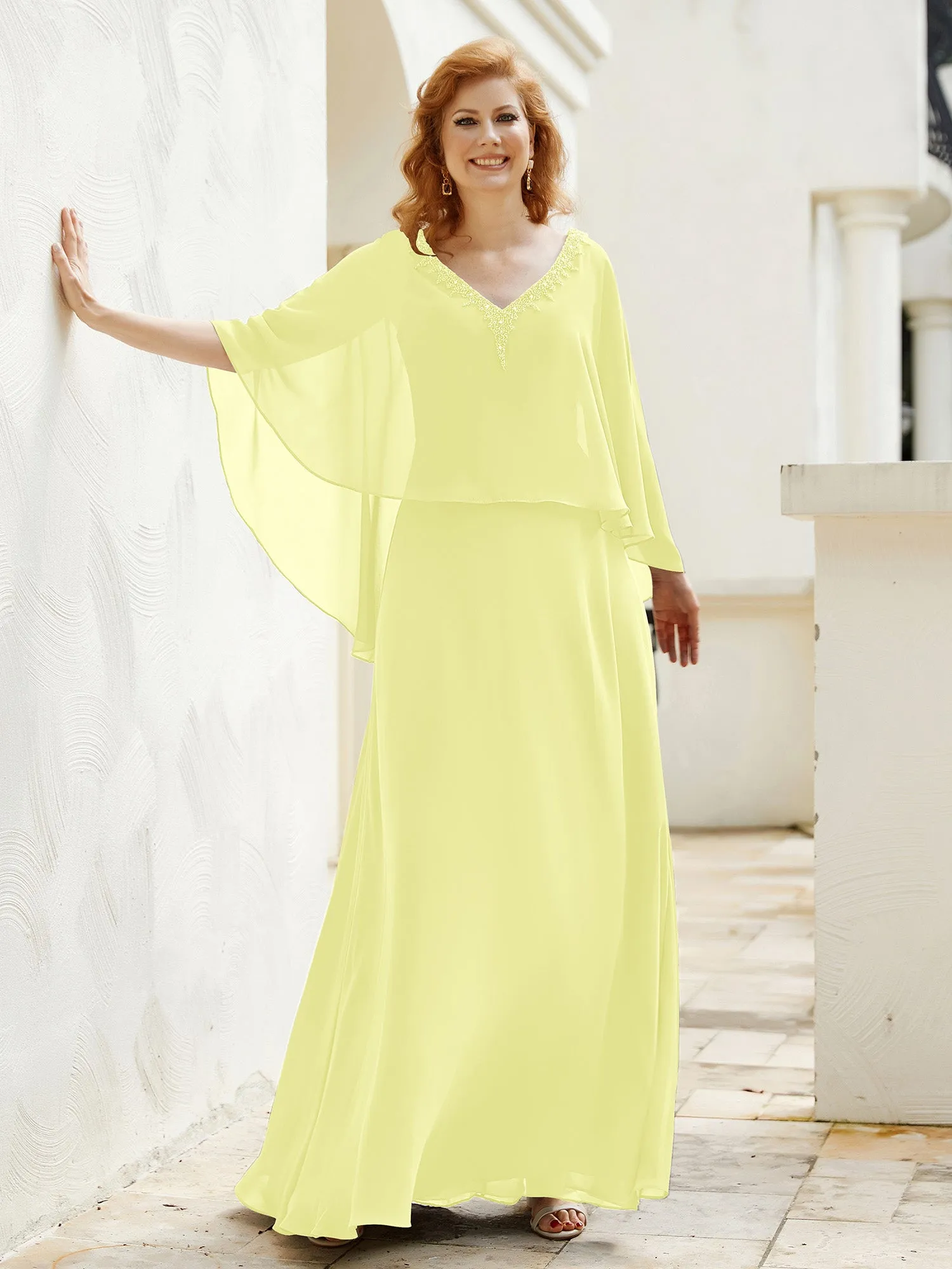 A-Line Flutter Cape Sleeves Dress with Beaded V-neck-Daffodil