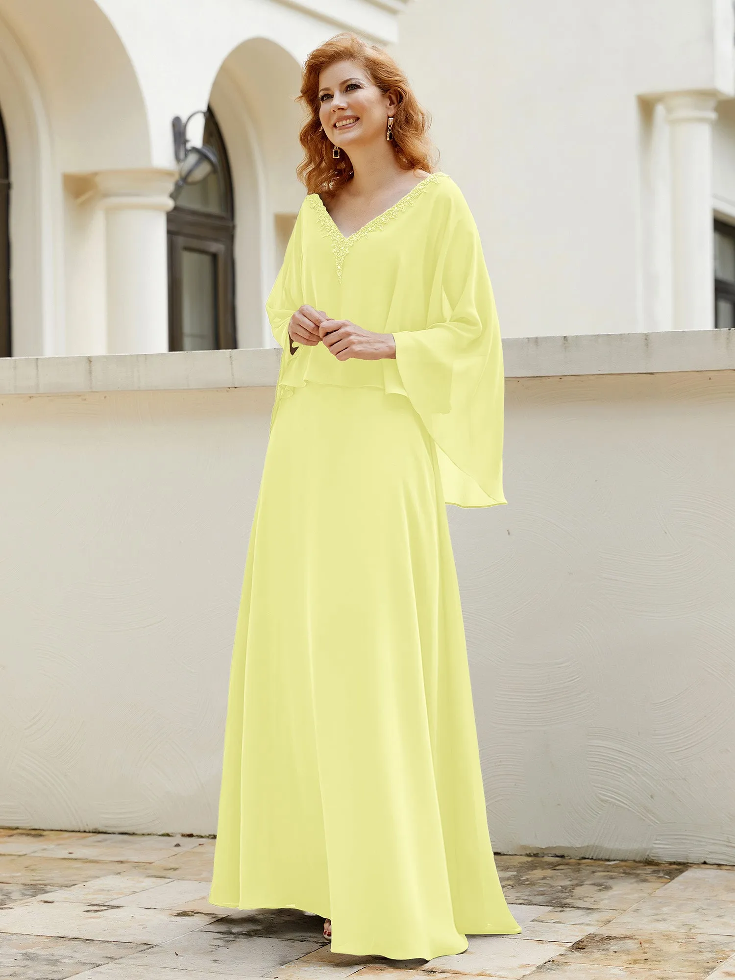 A-Line Flutter Cape Sleeves Dress with Beaded V-neck-Daffodil