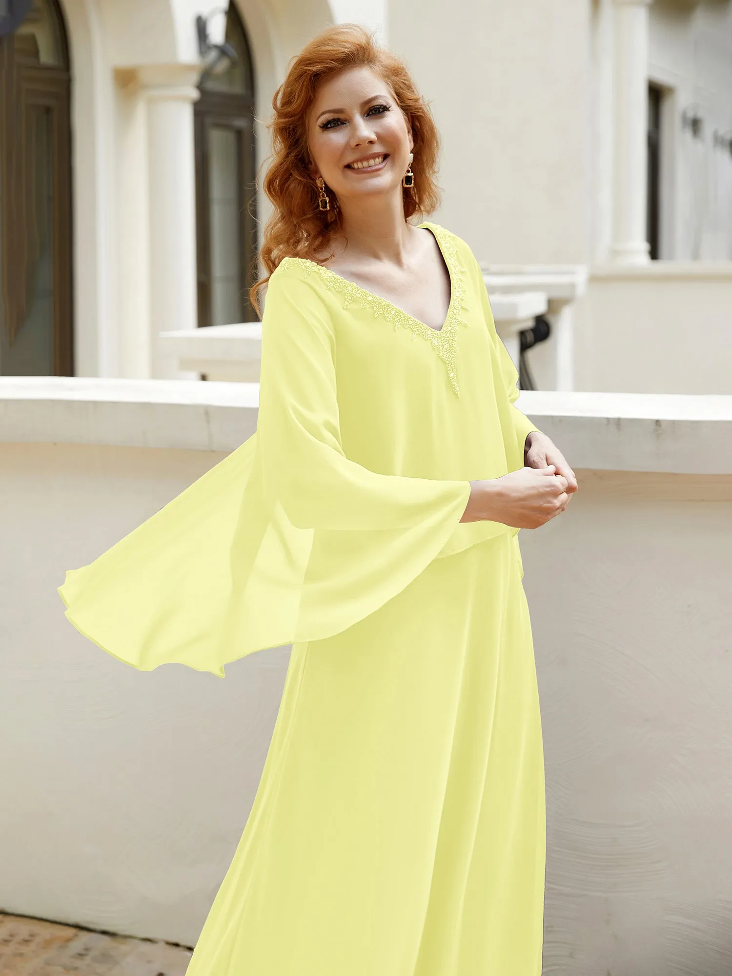 A-Line Flutter Cape Sleeves Dress with Beaded V-neck-Daffodil