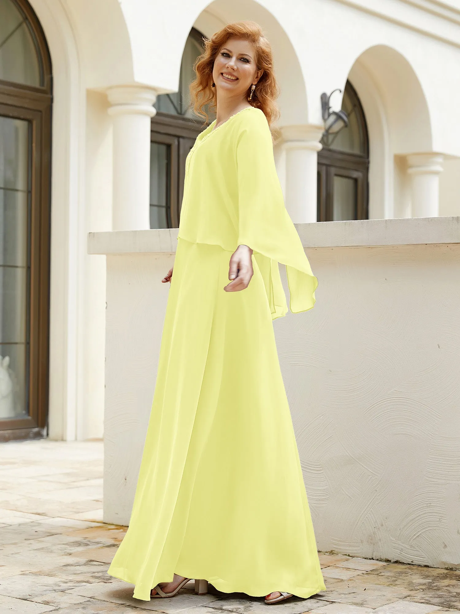 A-Line Flutter Cape Sleeves Dress with Beaded V-neck-Daffodil