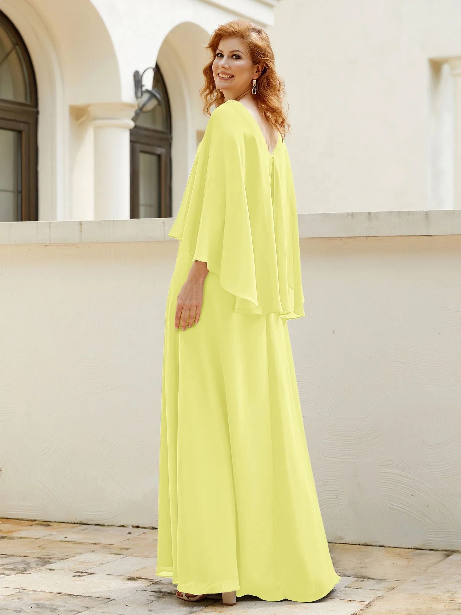 A-Line Flutter Cape Sleeves Dress with Beaded V-neck-Daffodil