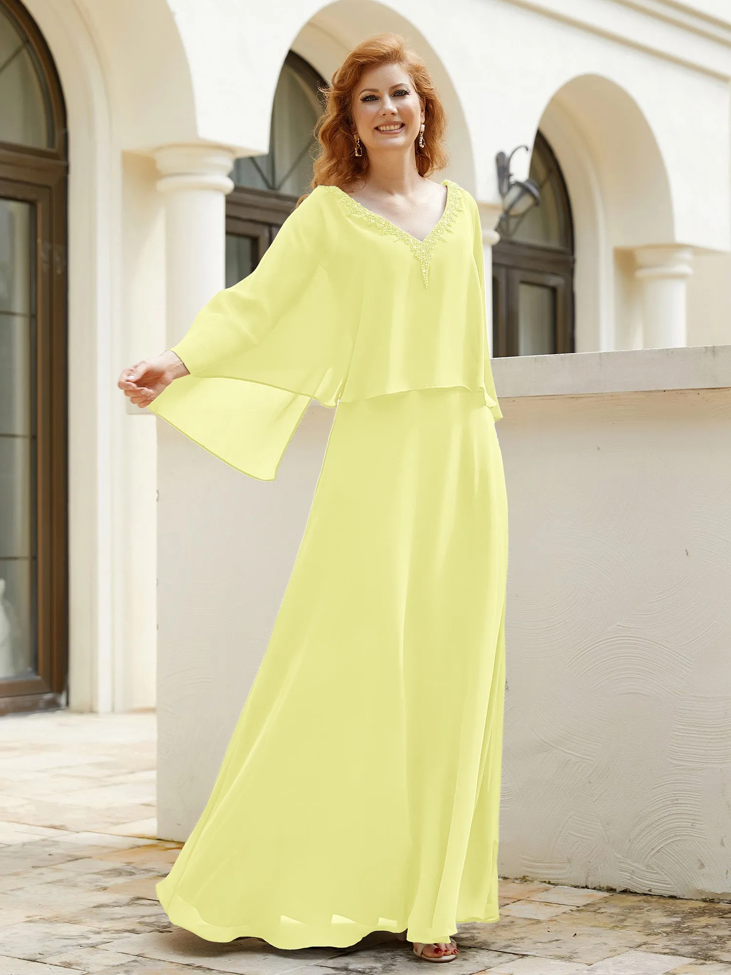 A-Line Flutter Cape Sleeves Dress with Beaded V-neck-Daffodil