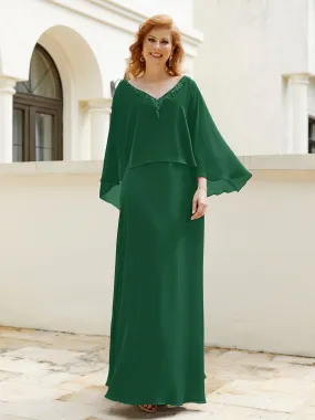 A-Line Flutter Cape Sleeves Dress with Beaded V-neck-Dark Green