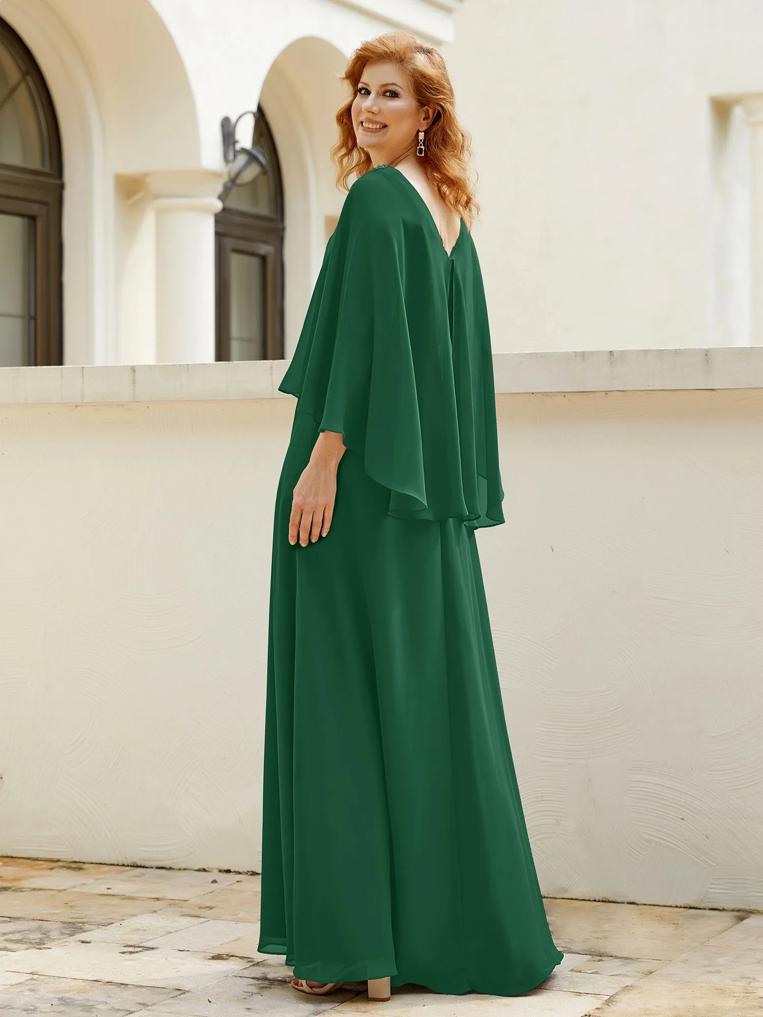A-Line Flutter Cape Sleeves Dress with Beaded V-neck-Dark Green