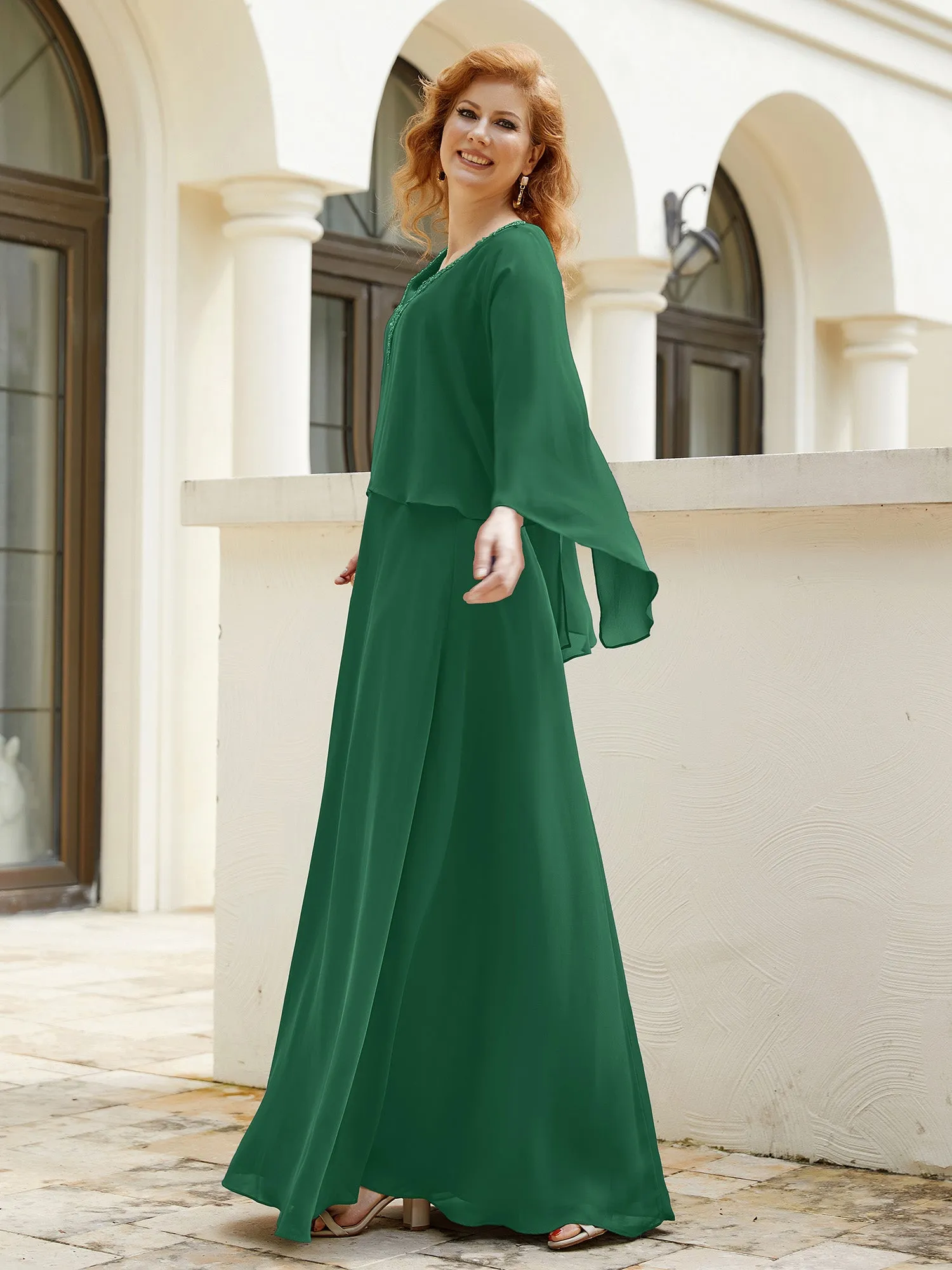 A-Line Flutter Cape Sleeves Dress with Beaded V-neck-Dark Green