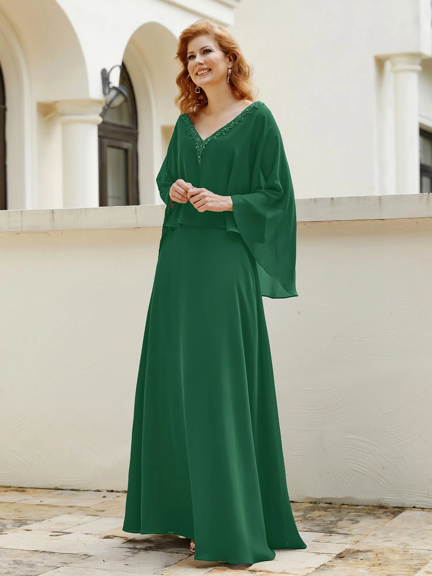 A-Line Flutter Cape Sleeves Dress with Beaded V-neck-Dark Green
