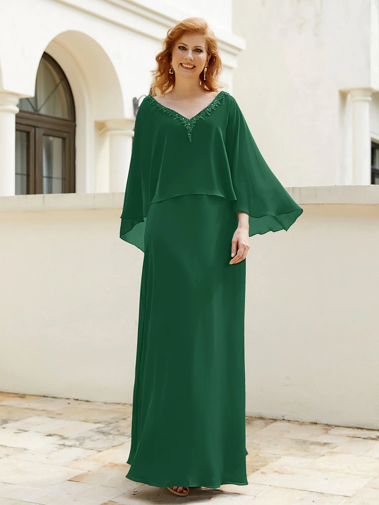 A-Line Flutter Cape Sleeves Dress with Beaded V-neck-Dark Green