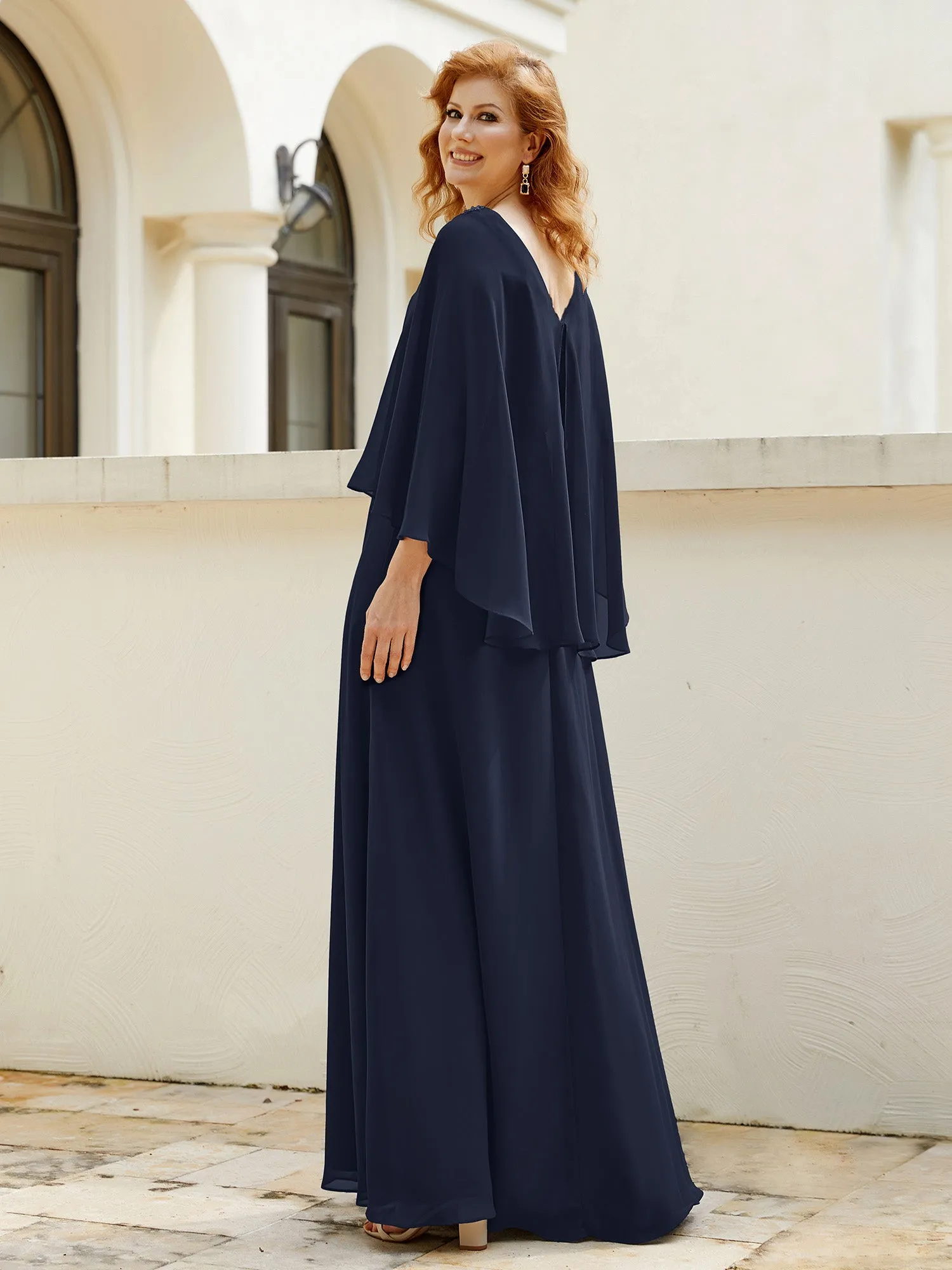 A-Line Flutter Cape Sleeves Dress with Beaded V-neck-Dark Navy