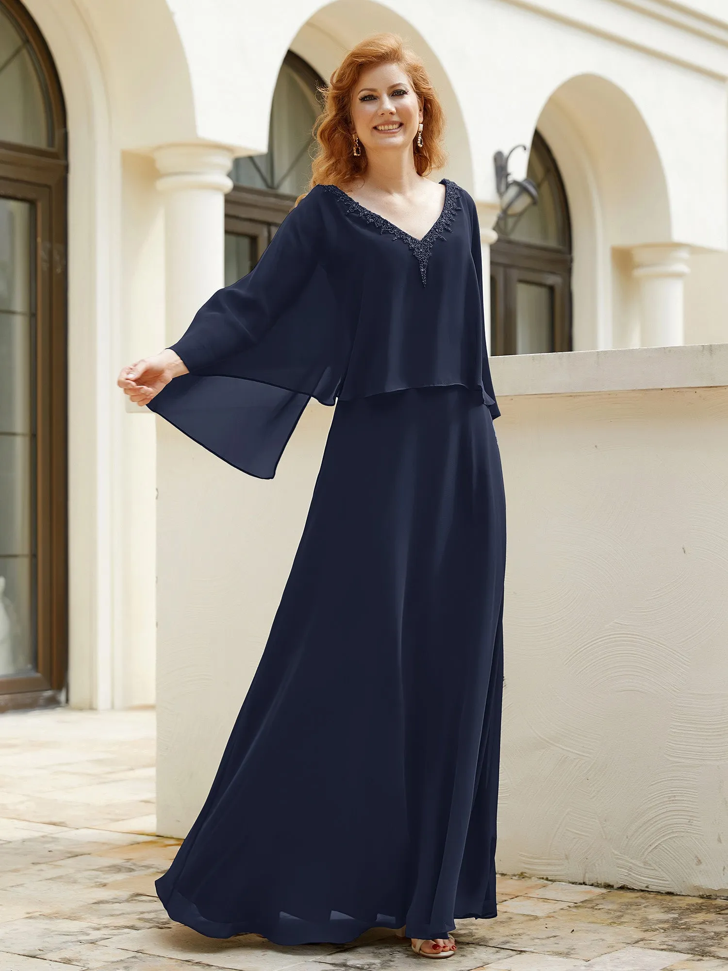 A-Line Flutter Cape Sleeves Dress with Beaded V-neck-Dark Navy
