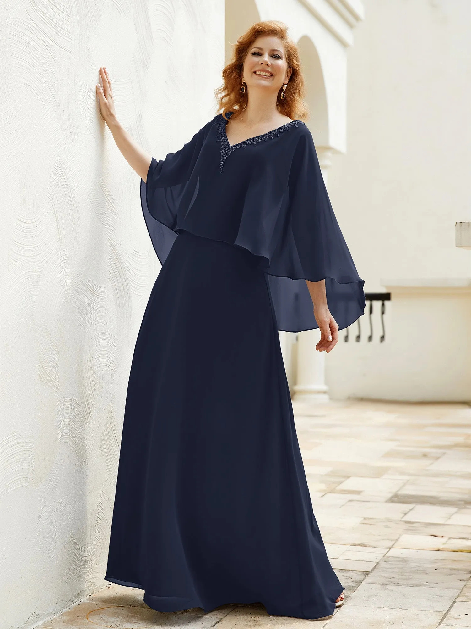 A-Line Flutter Cape Sleeves Dress with Beaded V-neck-Dark Navy