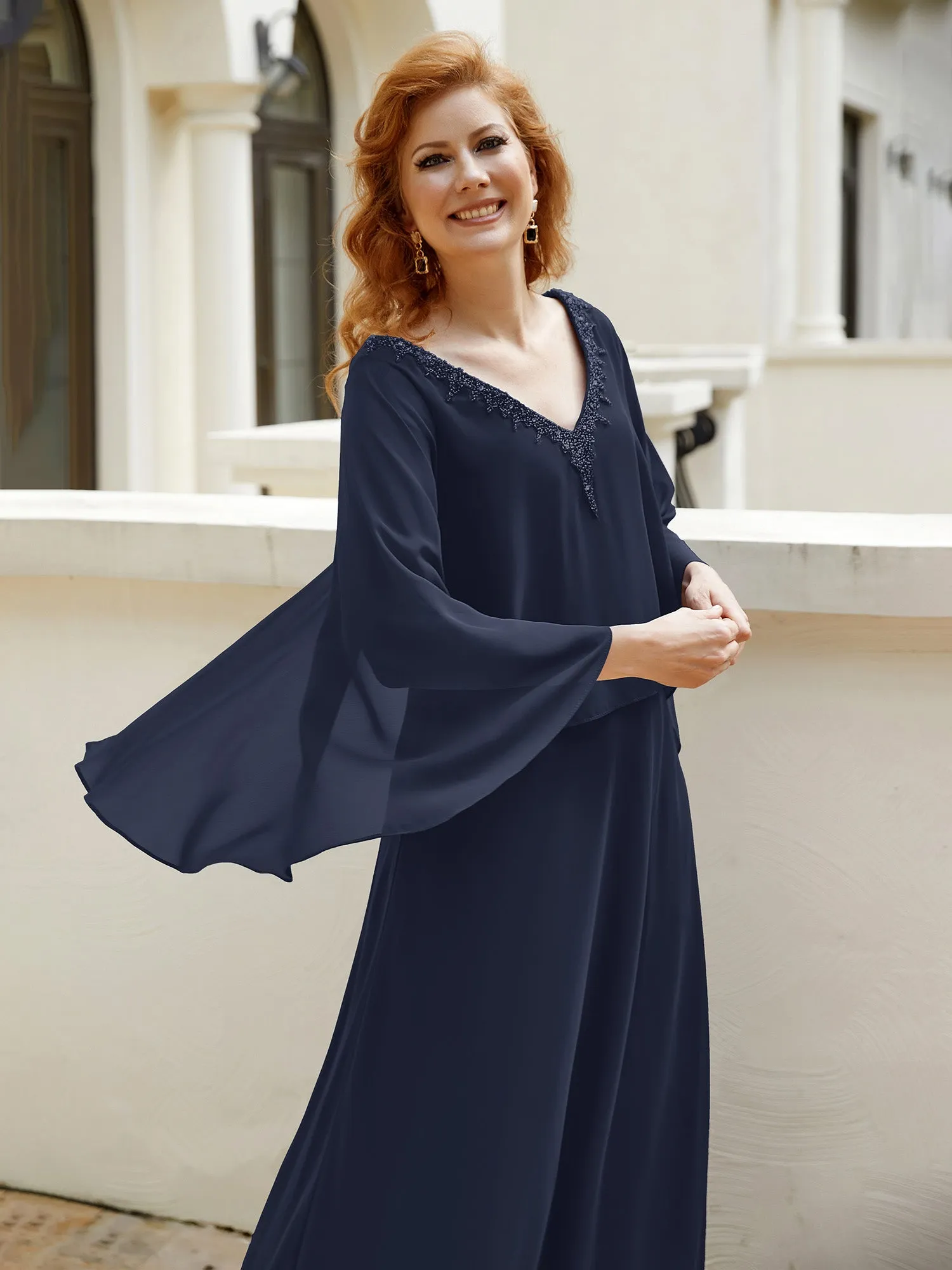 A-Line Flutter Cape Sleeves Dress with Beaded V-neck-Dark Navy