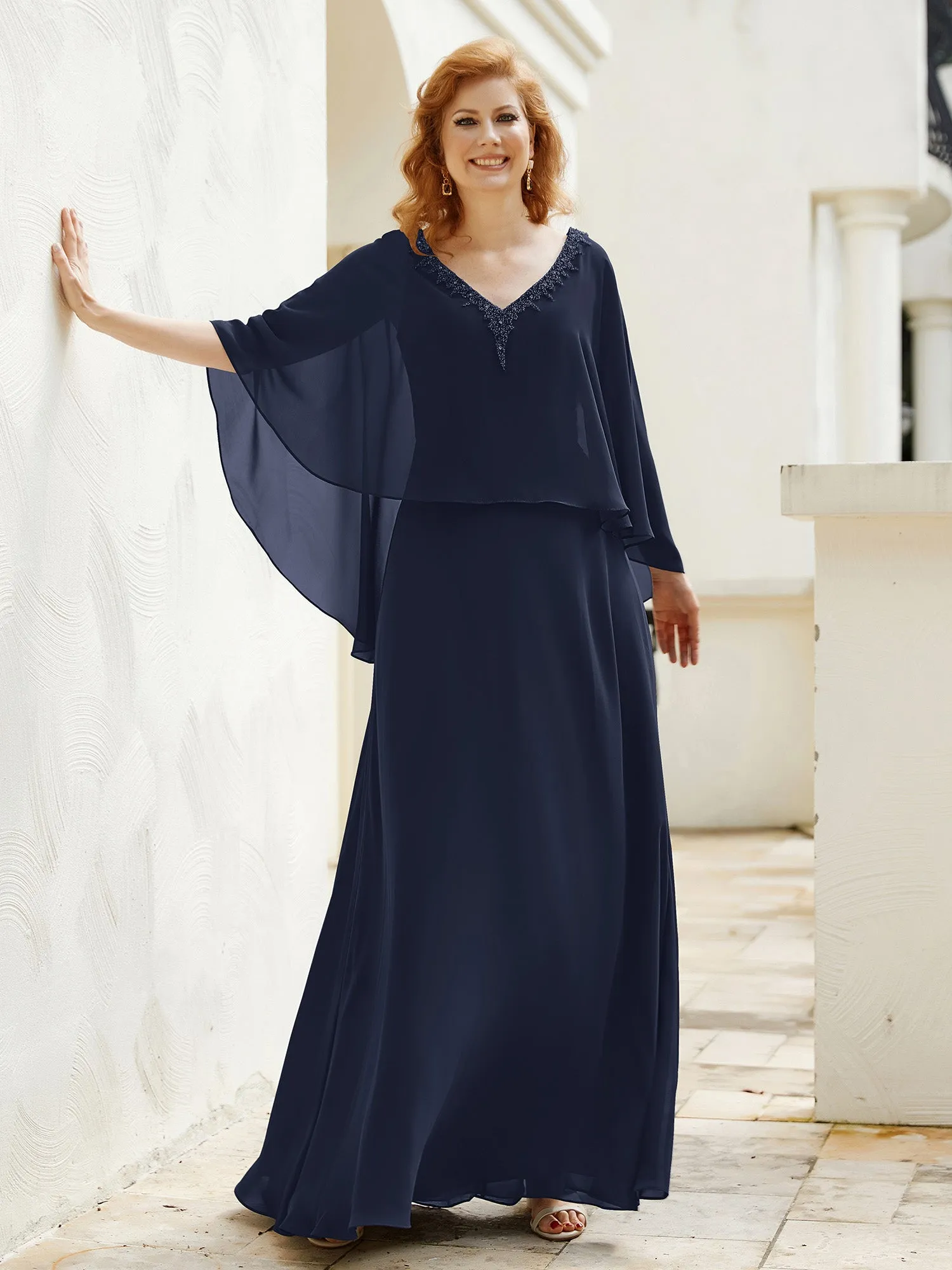 A-Line Flutter Cape Sleeves Dress with Beaded V-neck-Dark Navy