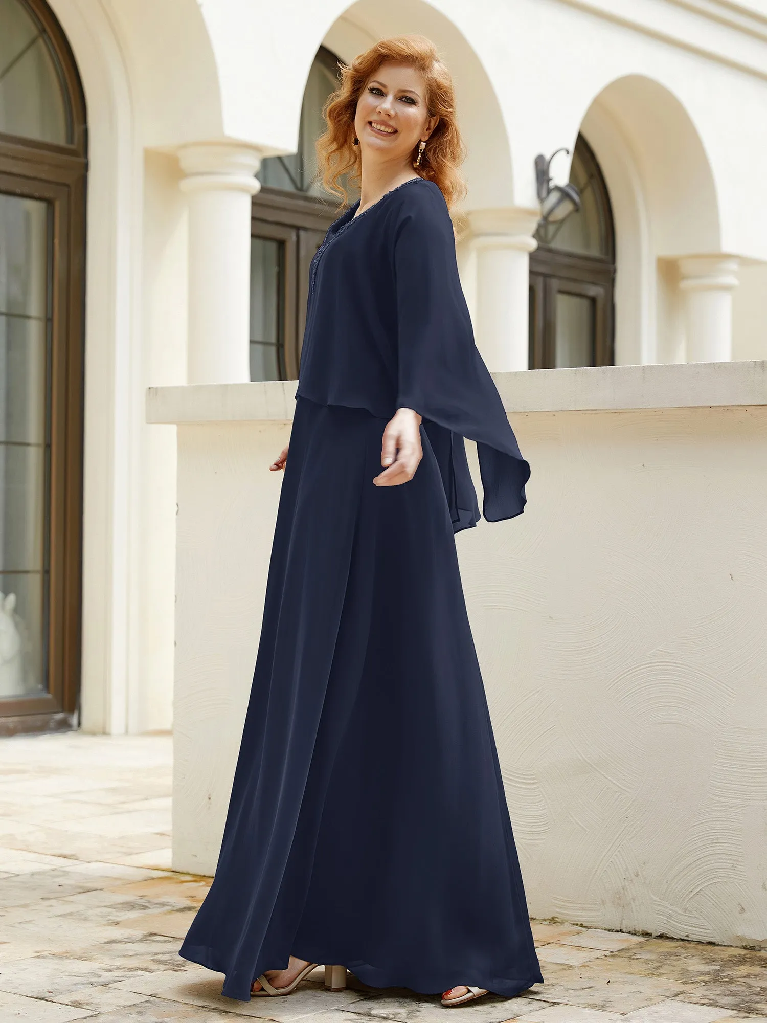 A-Line Flutter Cape Sleeves Dress with Beaded V-neck-Dark Navy