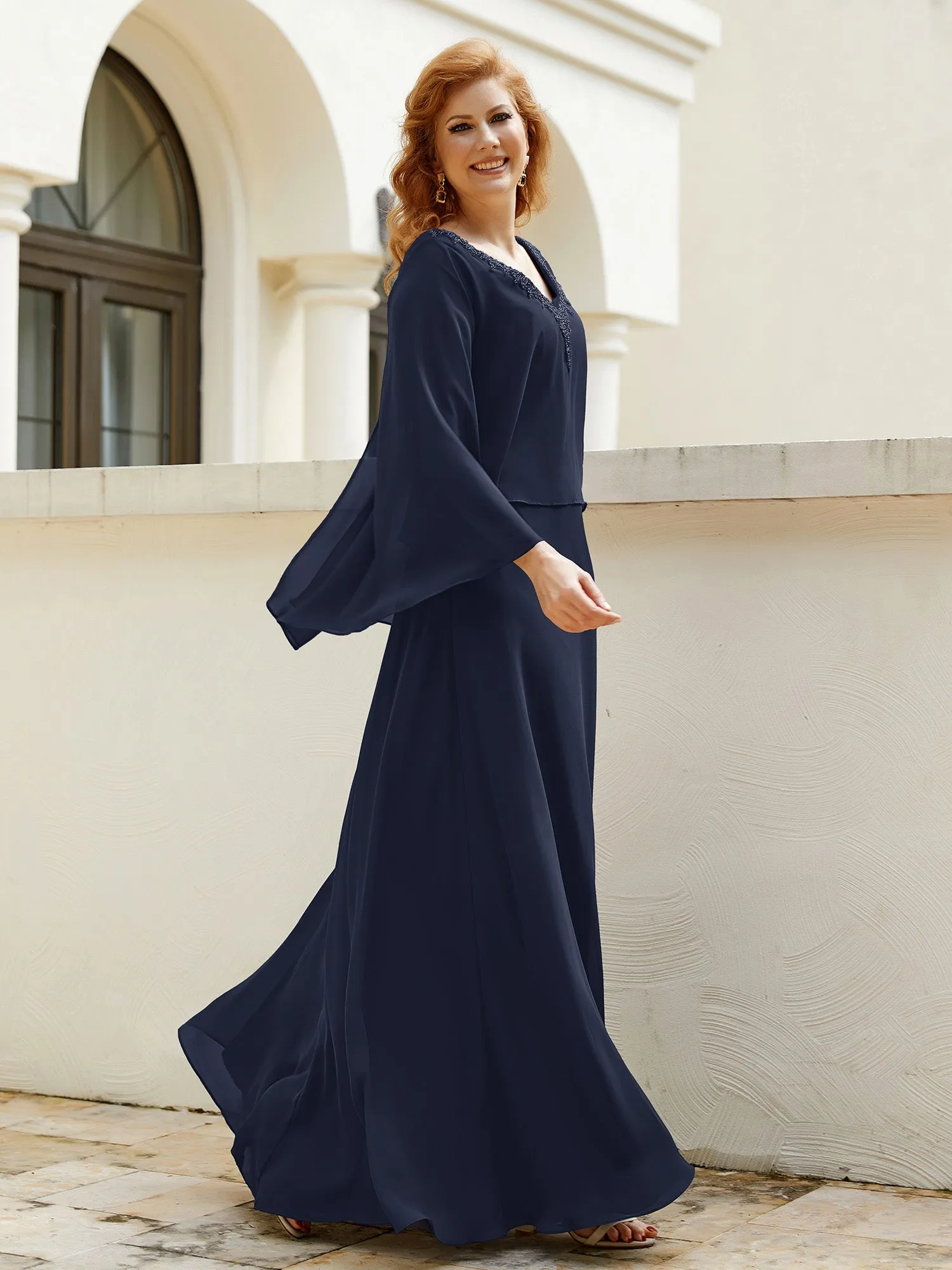 A-Line Flutter Cape Sleeves Dress with Beaded V-neck-Dark Navy