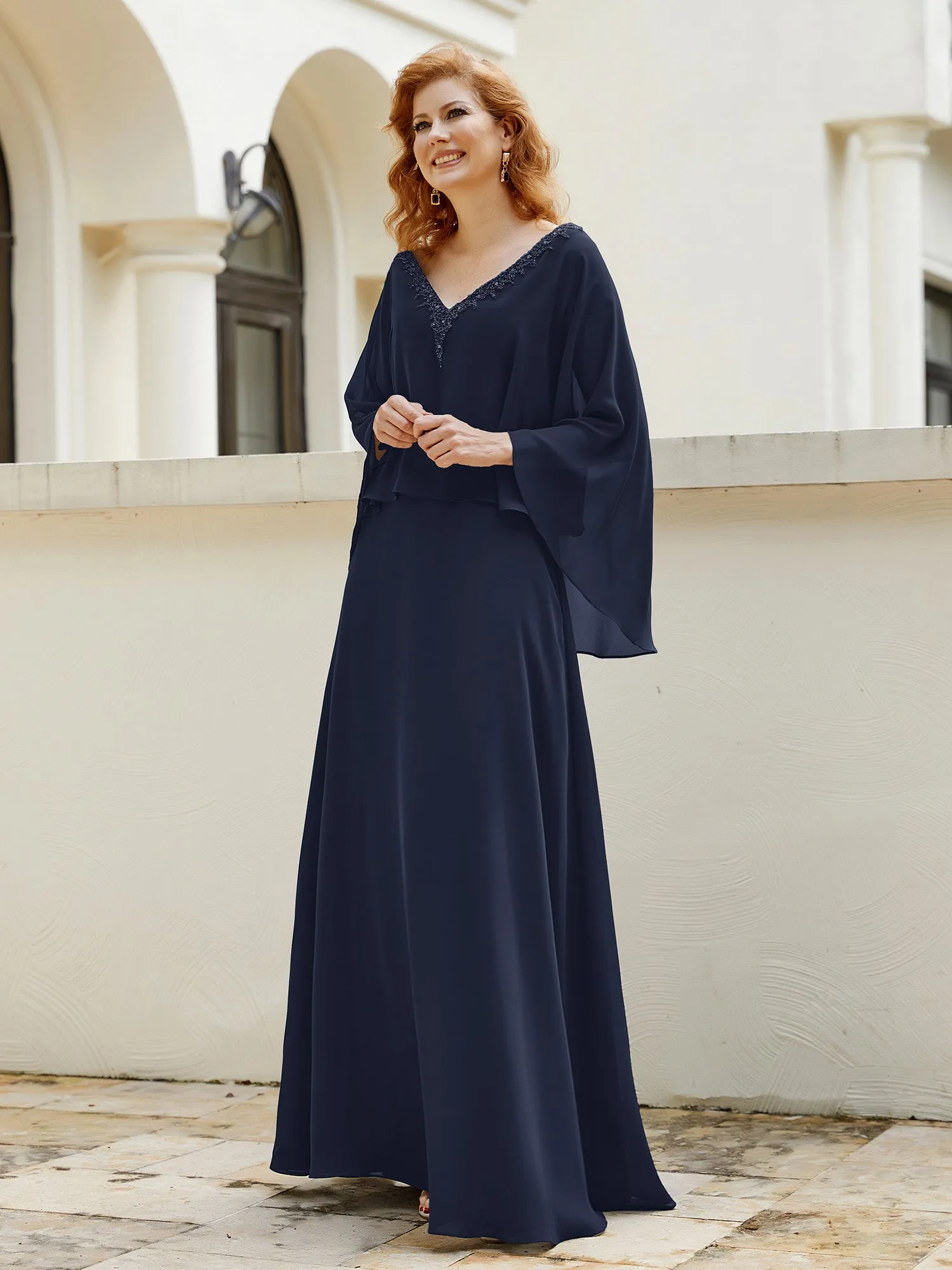 A-Line Flutter Cape Sleeves Dress with Beaded V-neck-Dark Navy