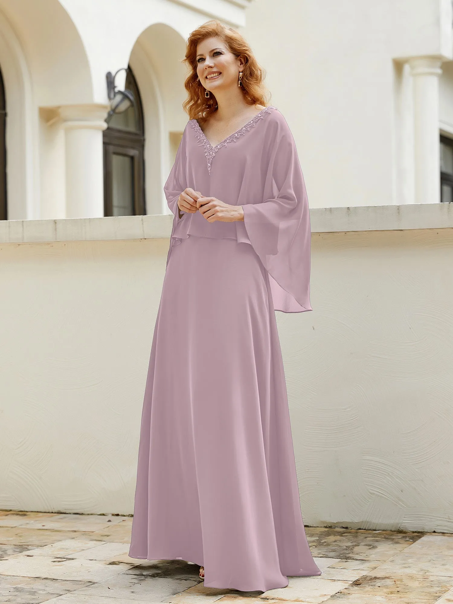A-Line Flutter Cape Sleeves Dress with Beaded V-neck-Dusk