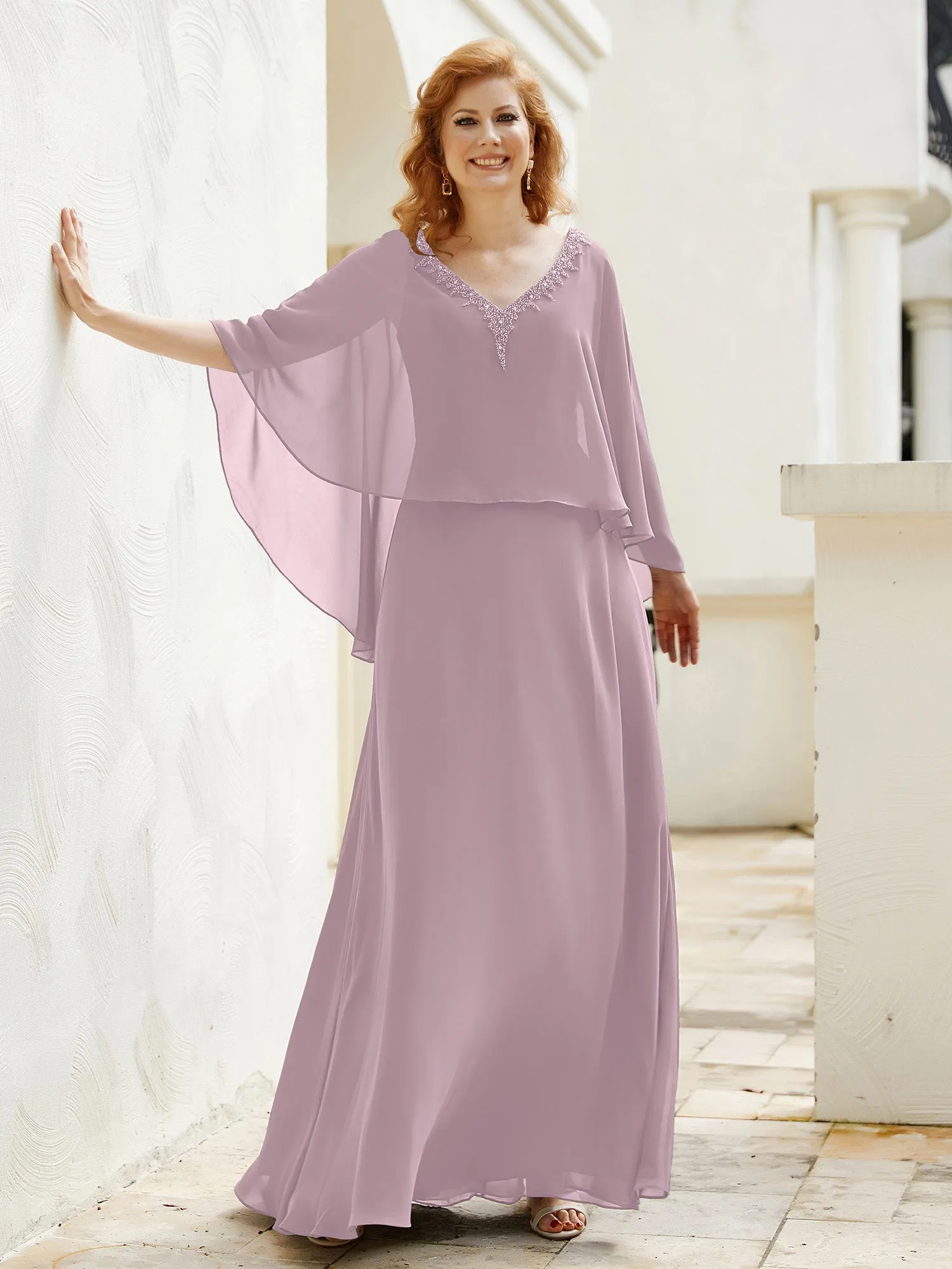 A-Line Flutter Cape Sleeves Dress with Beaded V-neck-Dusk