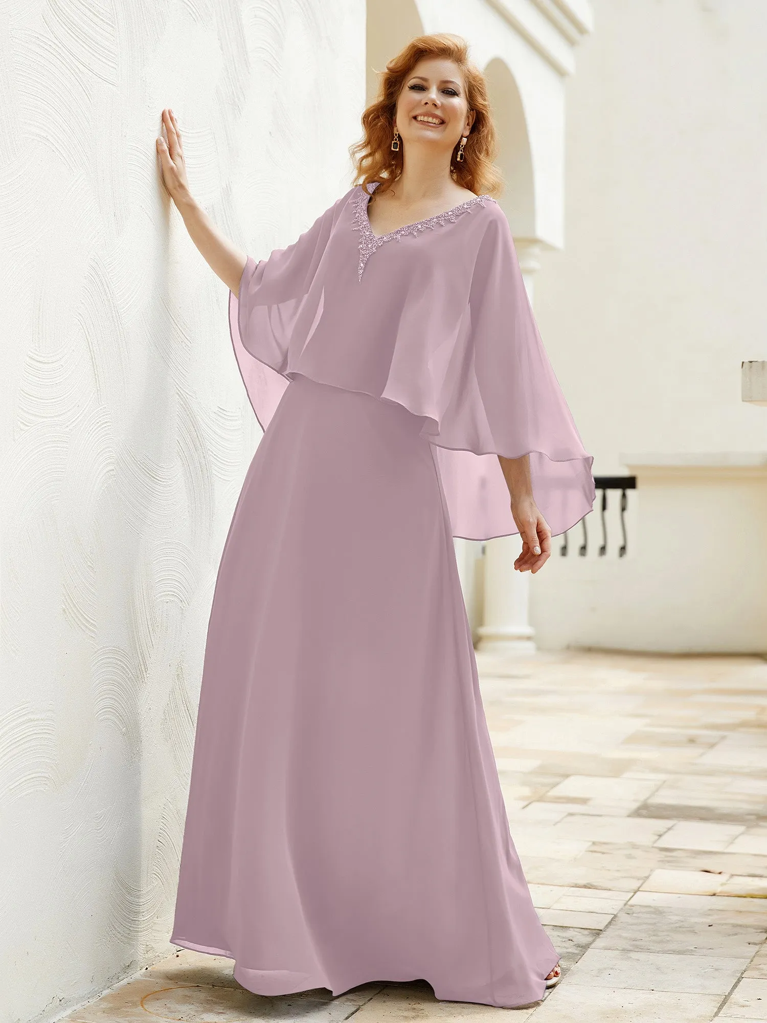A-Line Flutter Cape Sleeves Dress with Beaded V-neck-Dusk