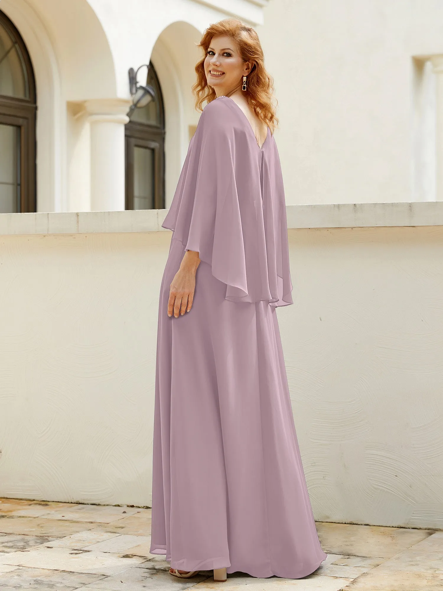A-Line Flutter Cape Sleeves Dress with Beaded V-neck-Dusk