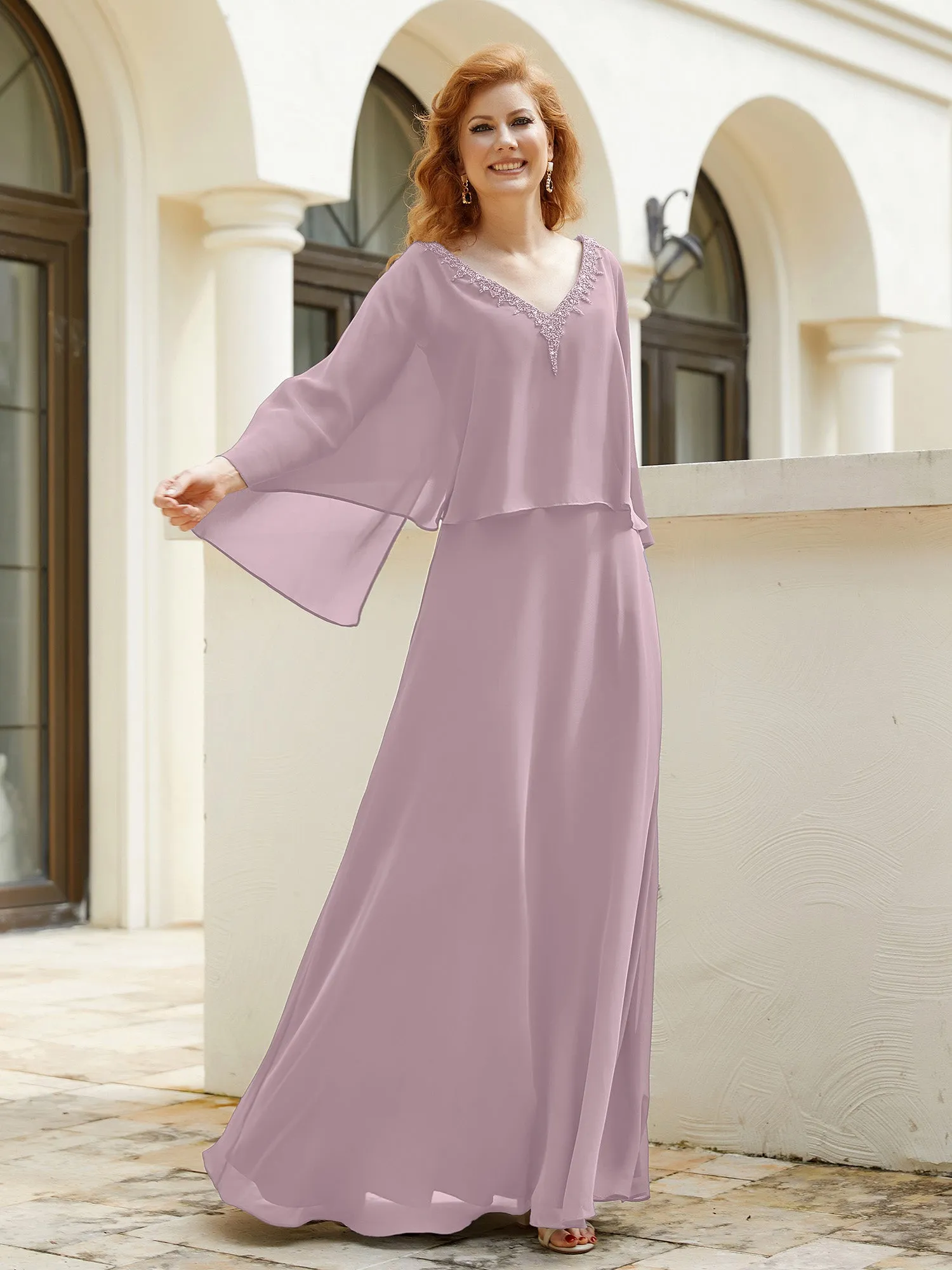 A-Line Flutter Cape Sleeves Dress with Beaded V-neck-Dusk