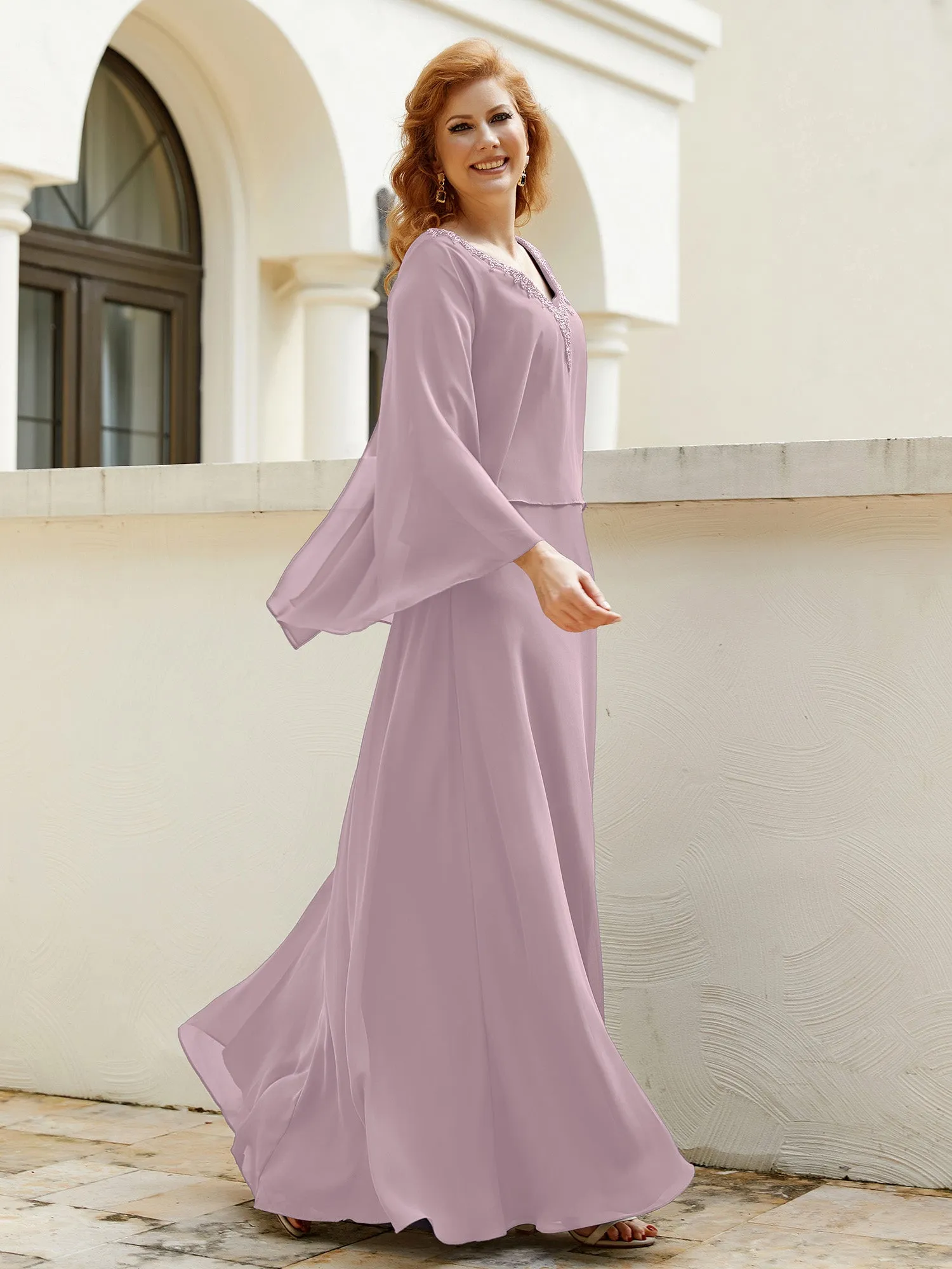A-Line Flutter Cape Sleeves Dress with Beaded V-neck-Dusk