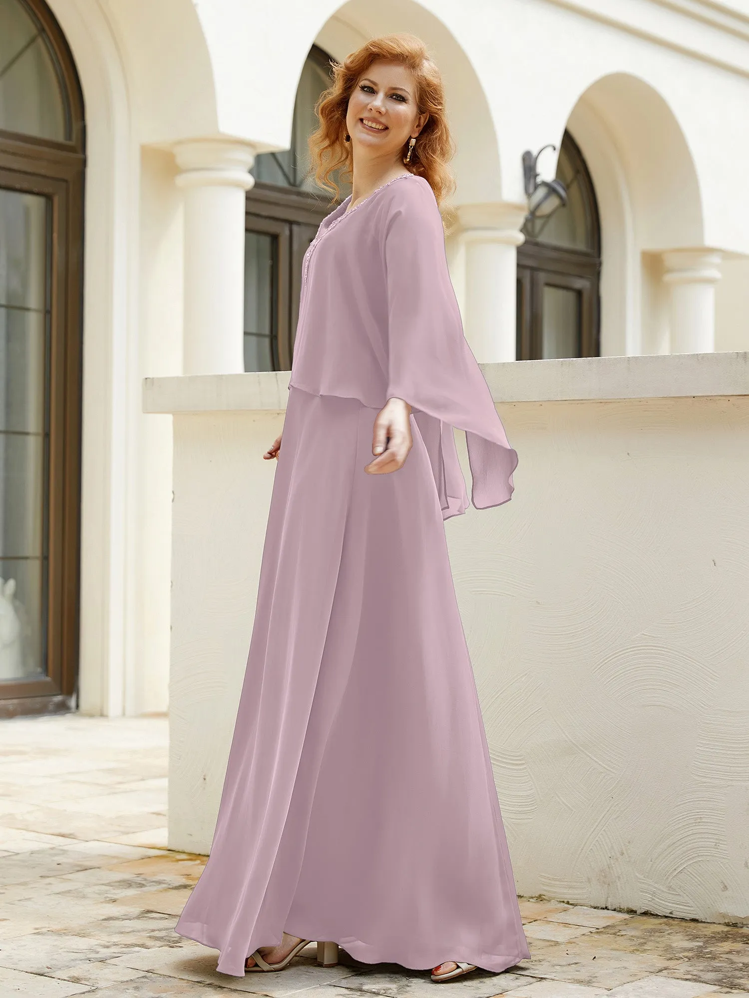 A-Line Flutter Cape Sleeves Dress with Beaded V-neck-Dusk