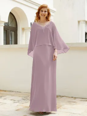 A-Line Flutter Cape Sleeves Dress with Beaded V-neck-Dusk