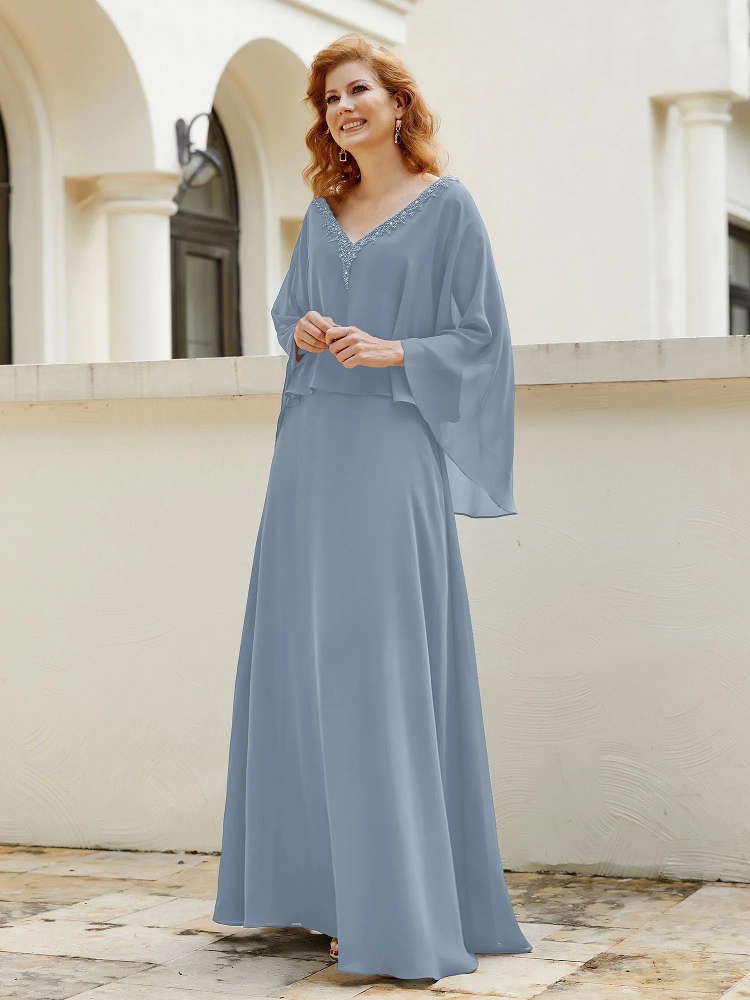 A-Line Flutter Cape Sleeves Dress with Beaded V-neck-Dusty Blue