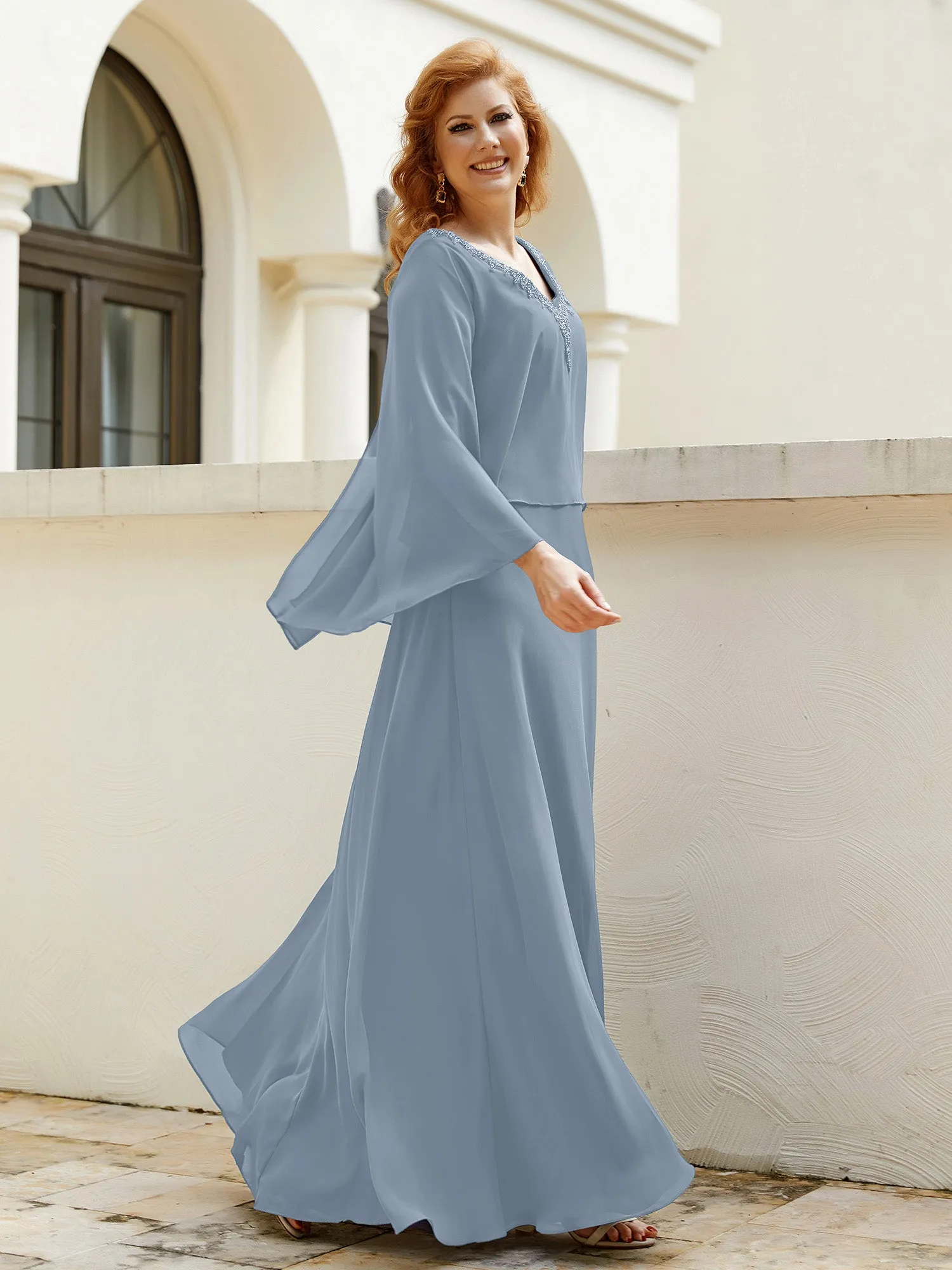 A-Line Flutter Cape Sleeves Dress with Beaded V-neck-Dusty Blue