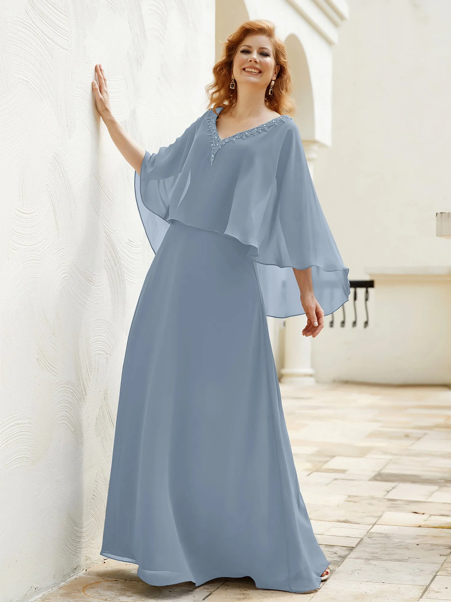A-Line Flutter Cape Sleeves Dress with Beaded V-neck-Dusty Blue