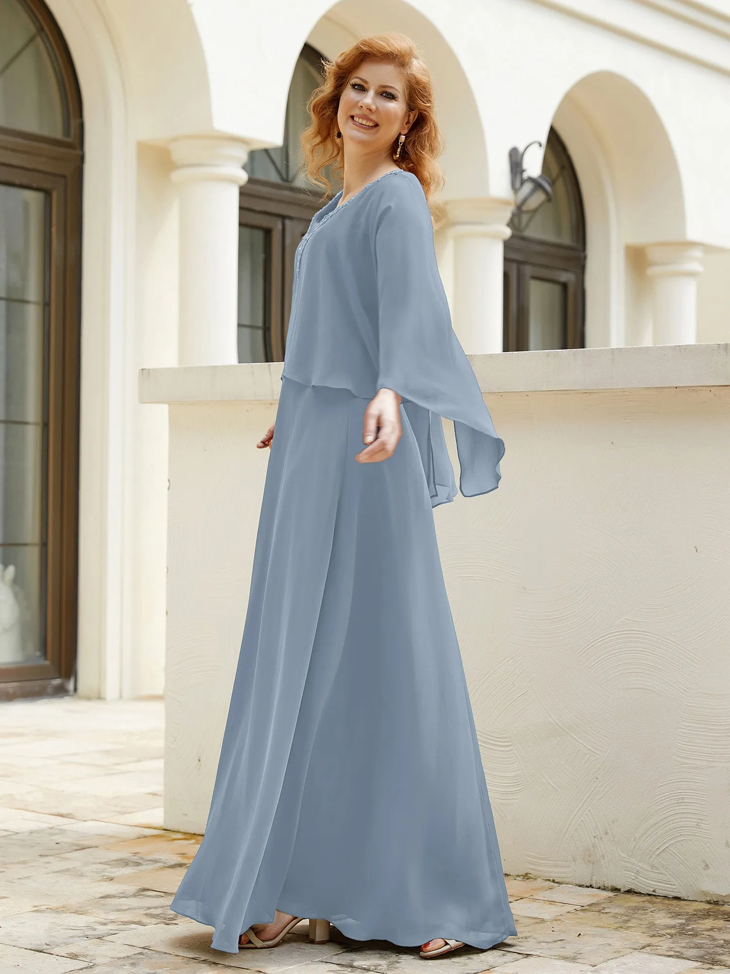 A-Line Flutter Cape Sleeves Dress with Beaded V-neck-Dusty Blue