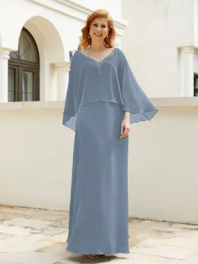 A-Line Flutter Cape Sleeves Dress with Beaded V-neck-Dusty Blue