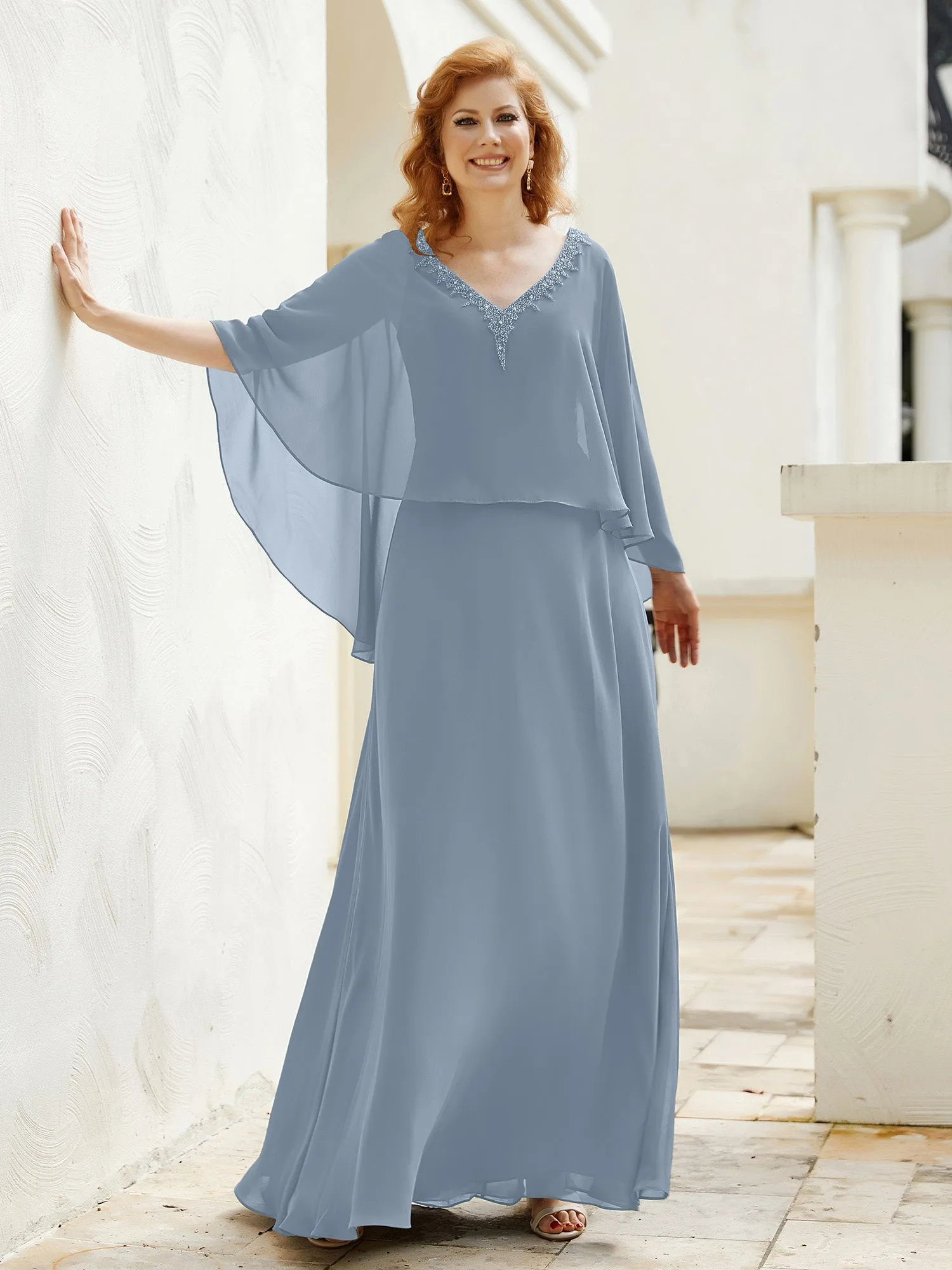 A-Line Flutter Cape Sleeves Dress with Beaded V-neck-Dusty Blue