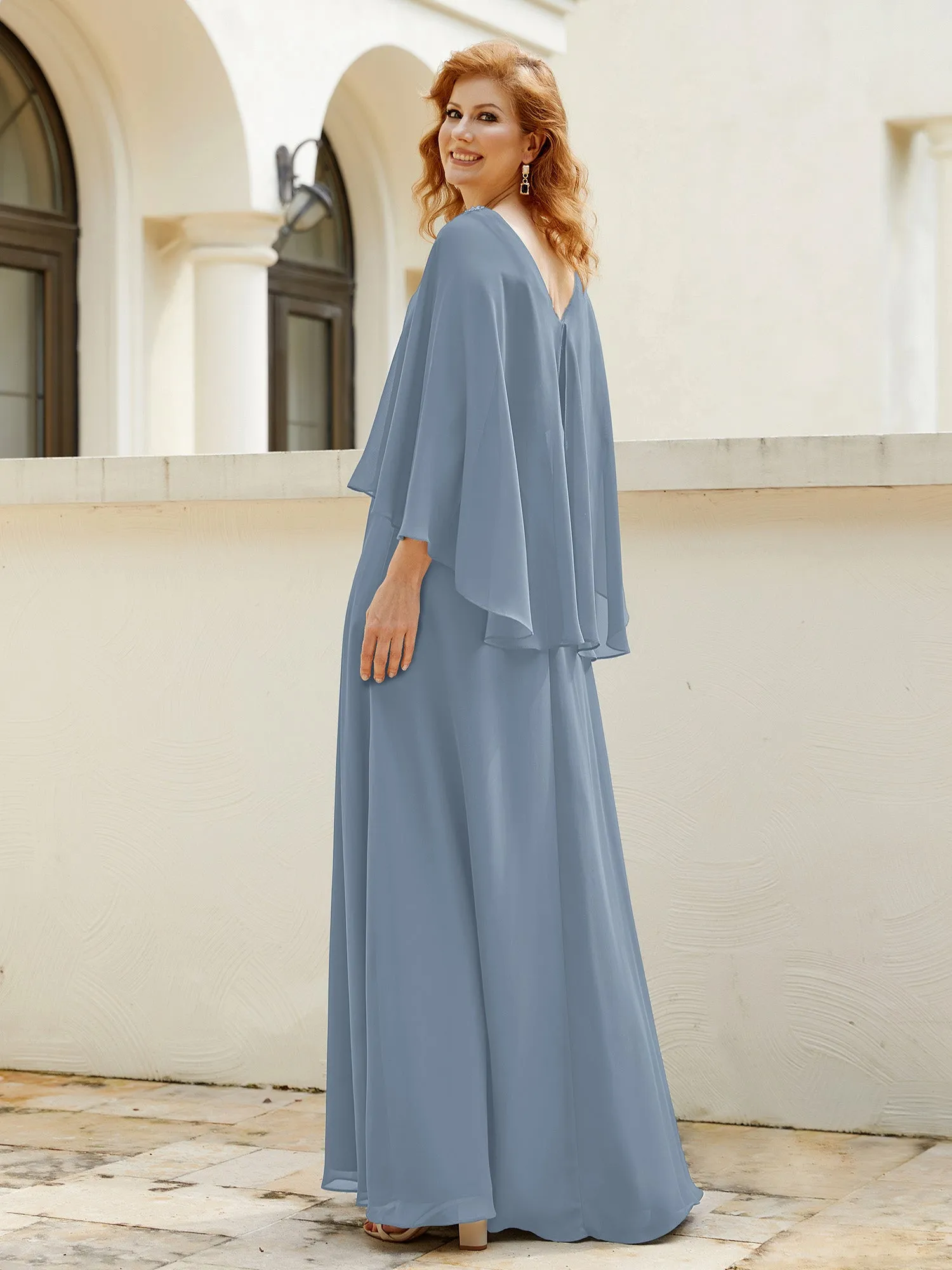 A-Line Flutter Cape Sleeves Dress with Beaded V-neck-Dusty Blue