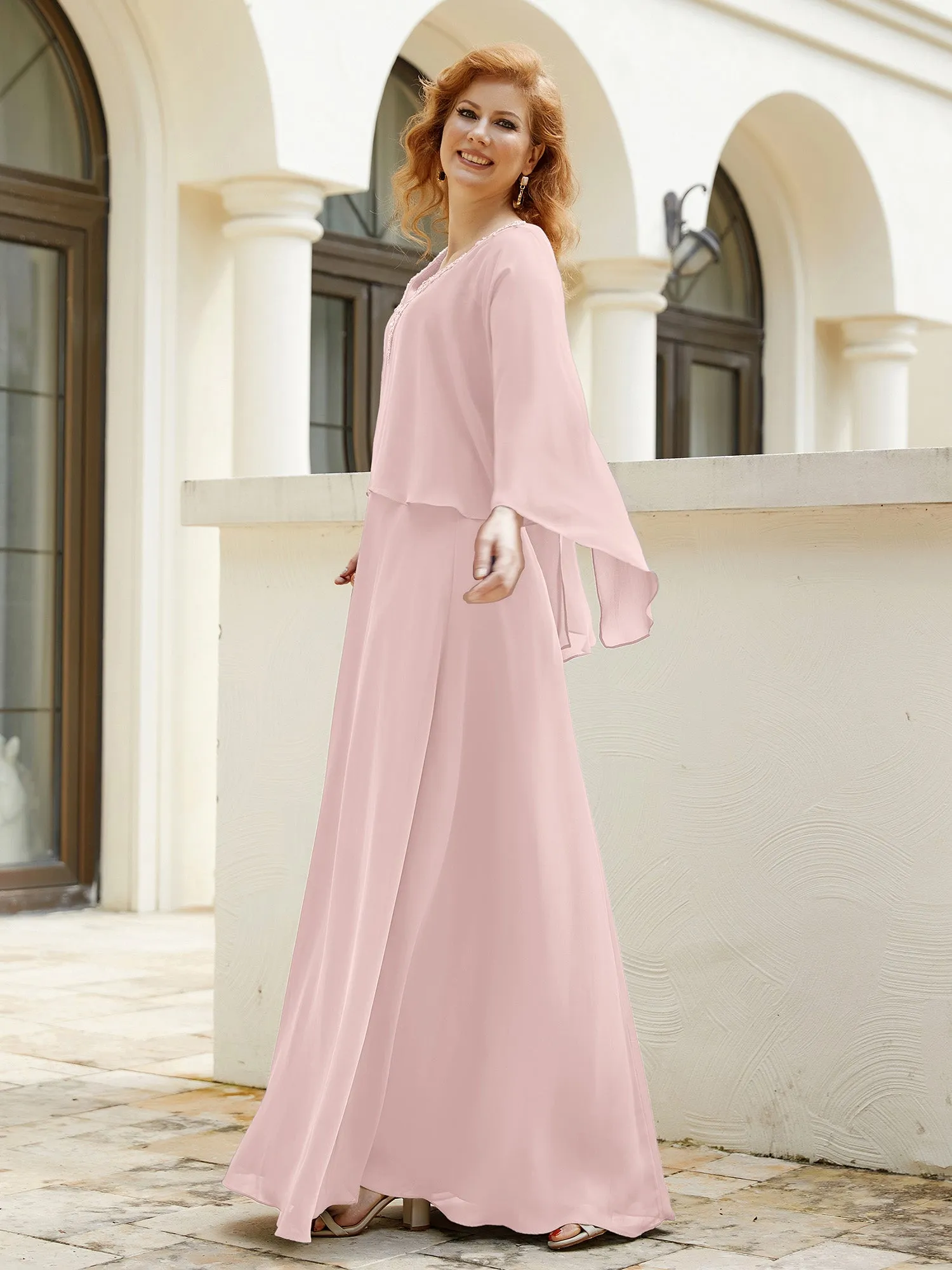 A-Line Flutter Cape Sleeves Dress with Beaded V-neck-Dusty Rose