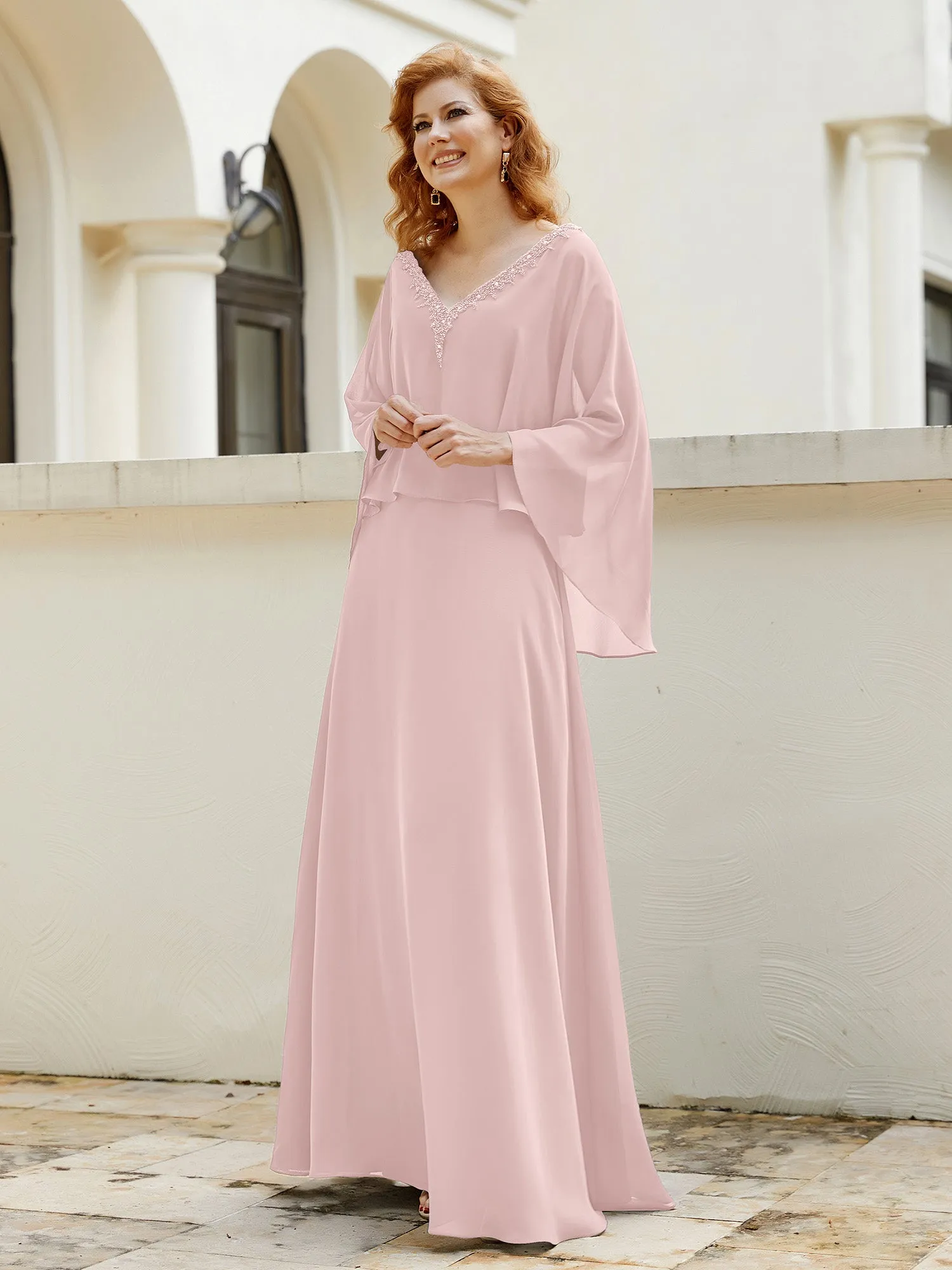 A-Line Flutter Cape Sleeves Dress with Beaded V-neck-Dusty Rose
