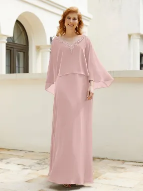 A-Line Flutter Cape Sleeves Dress with Beaded V-neck-Dusty Rose