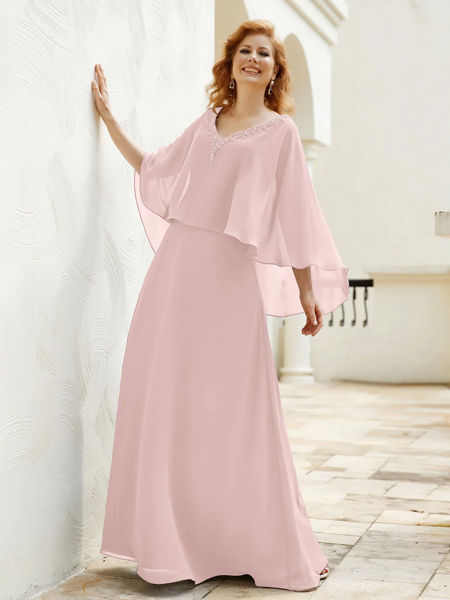 A-Line Flutter Cape Sleeves Dress with Beaded V-neck-Dusty Rose