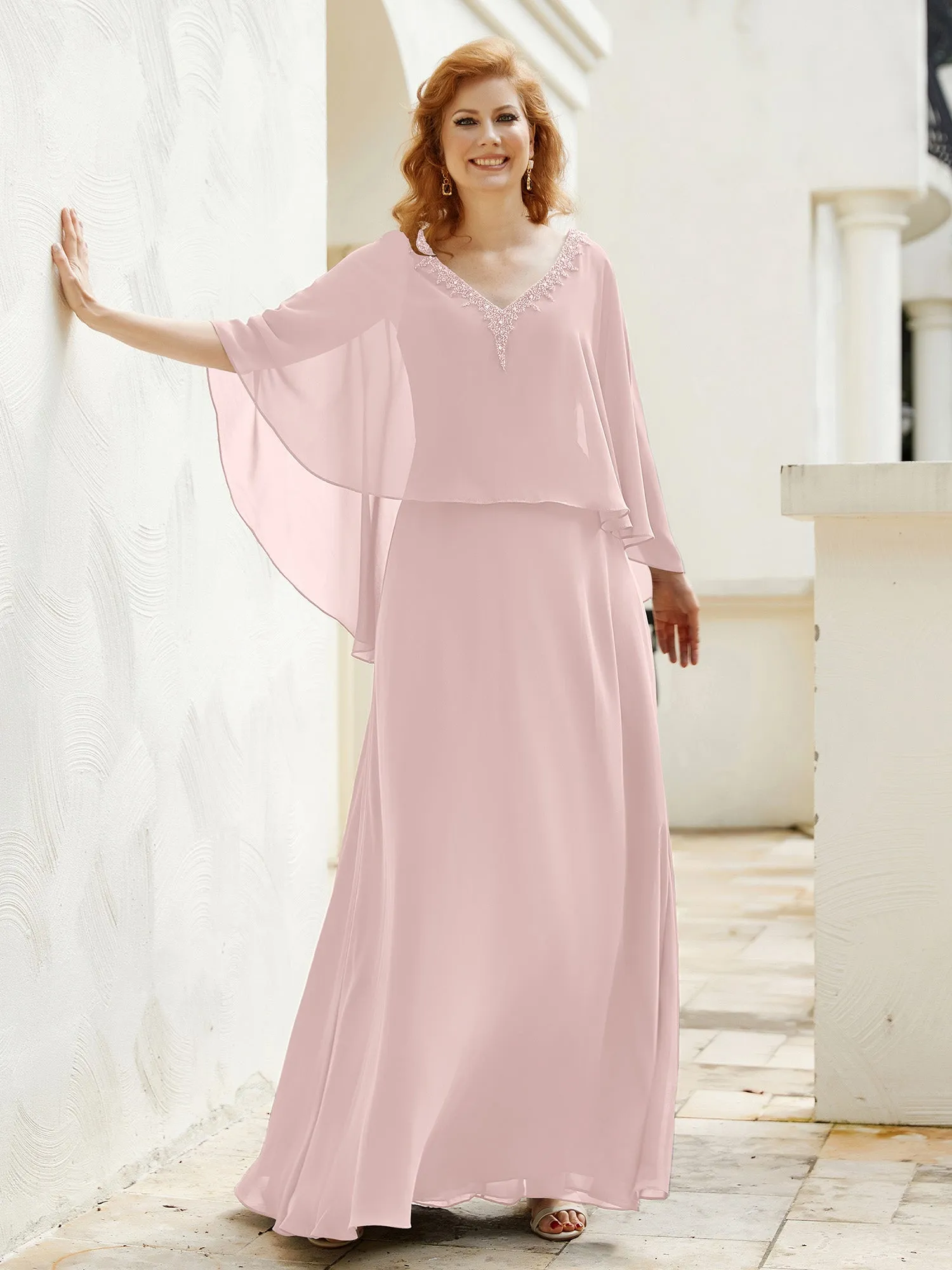 A-Line Flutter Cape Sleeves Dress with Beaded V-neck-Dusty Rose