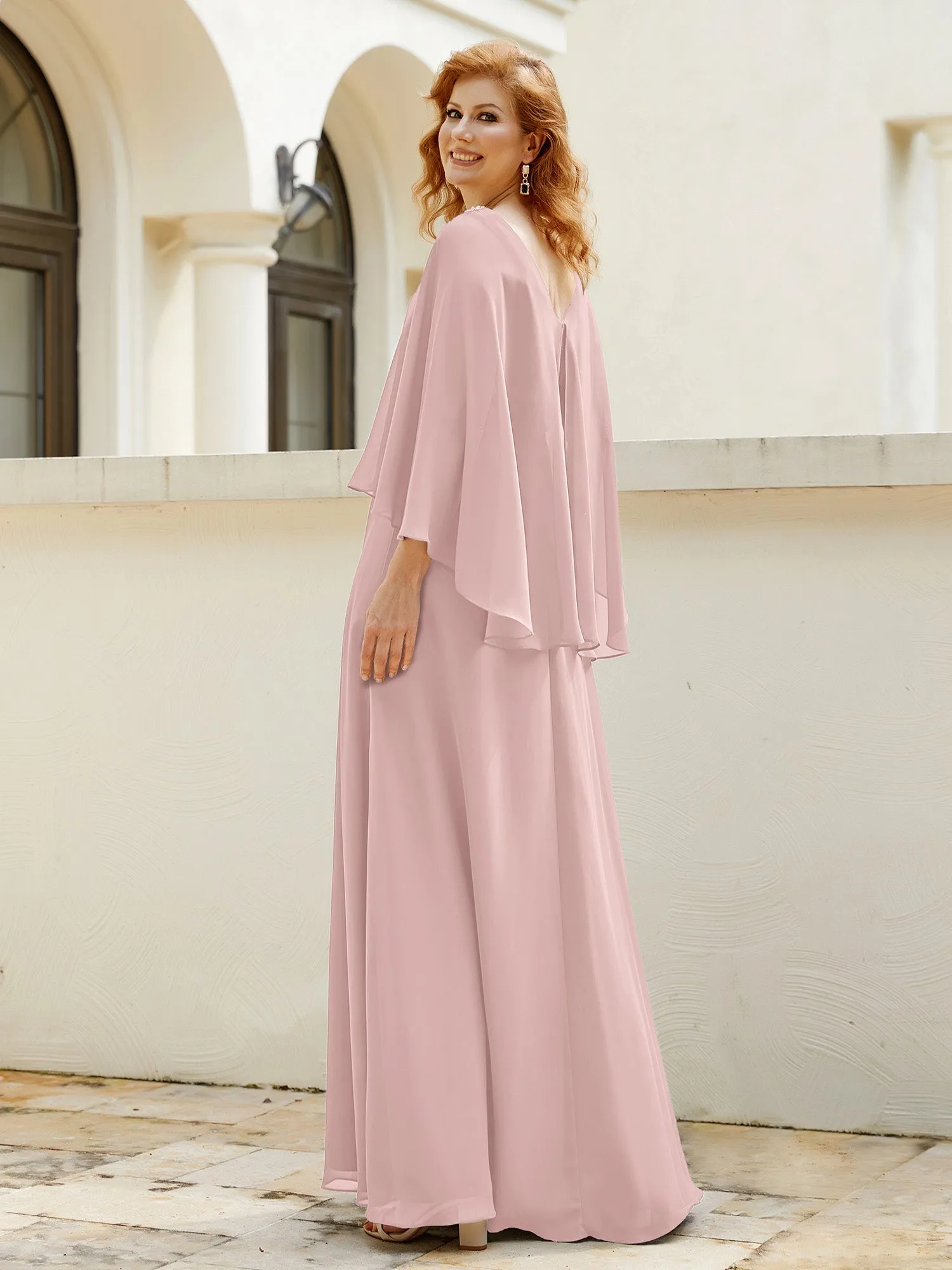 A-Line Flutter Cape Sleeves Dress with Beaded V-neck-Dusty Rose