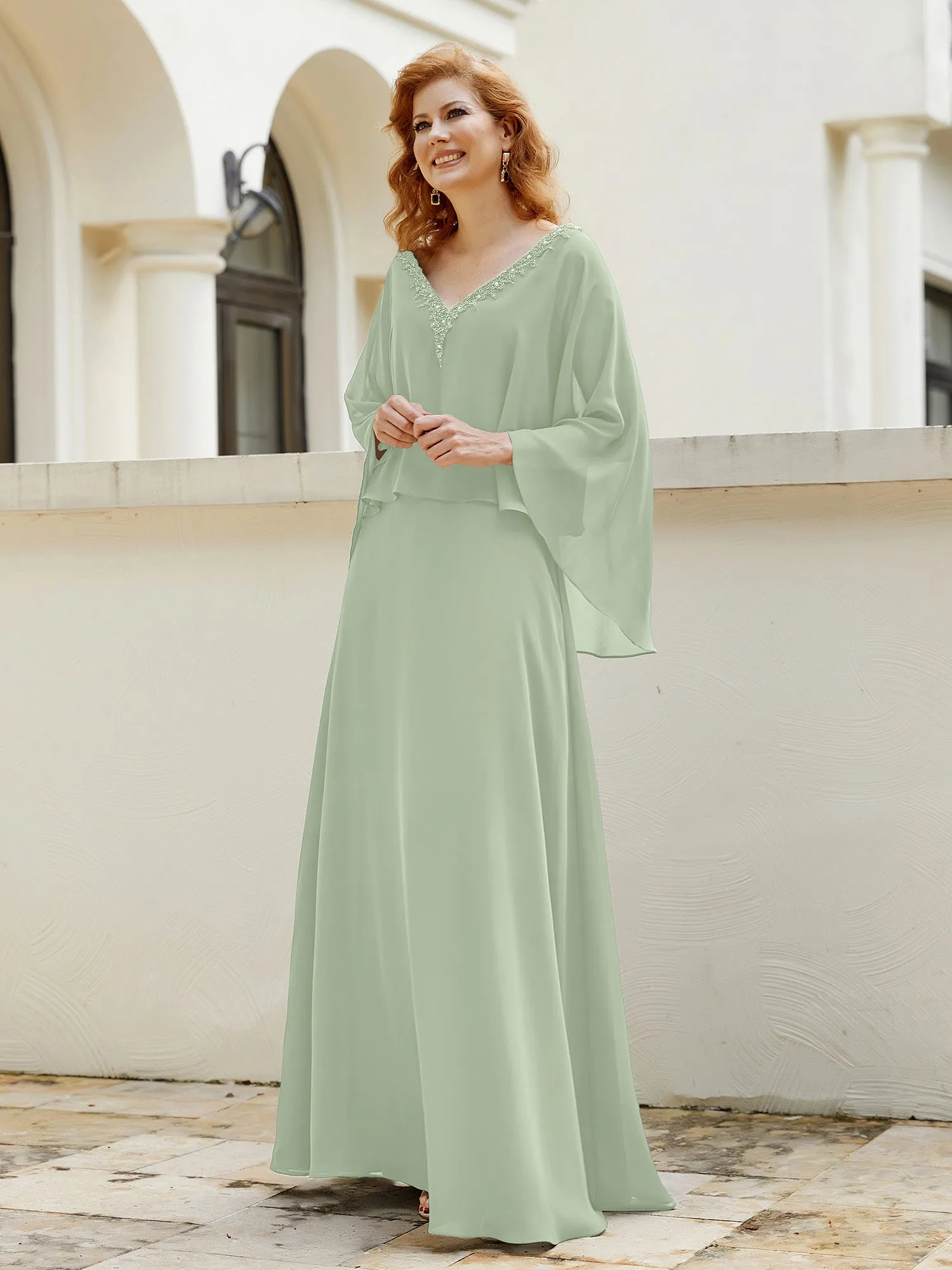 A-Line Flutter Cape Sleeves Dress with Beaded V-neck-Dusty Sage