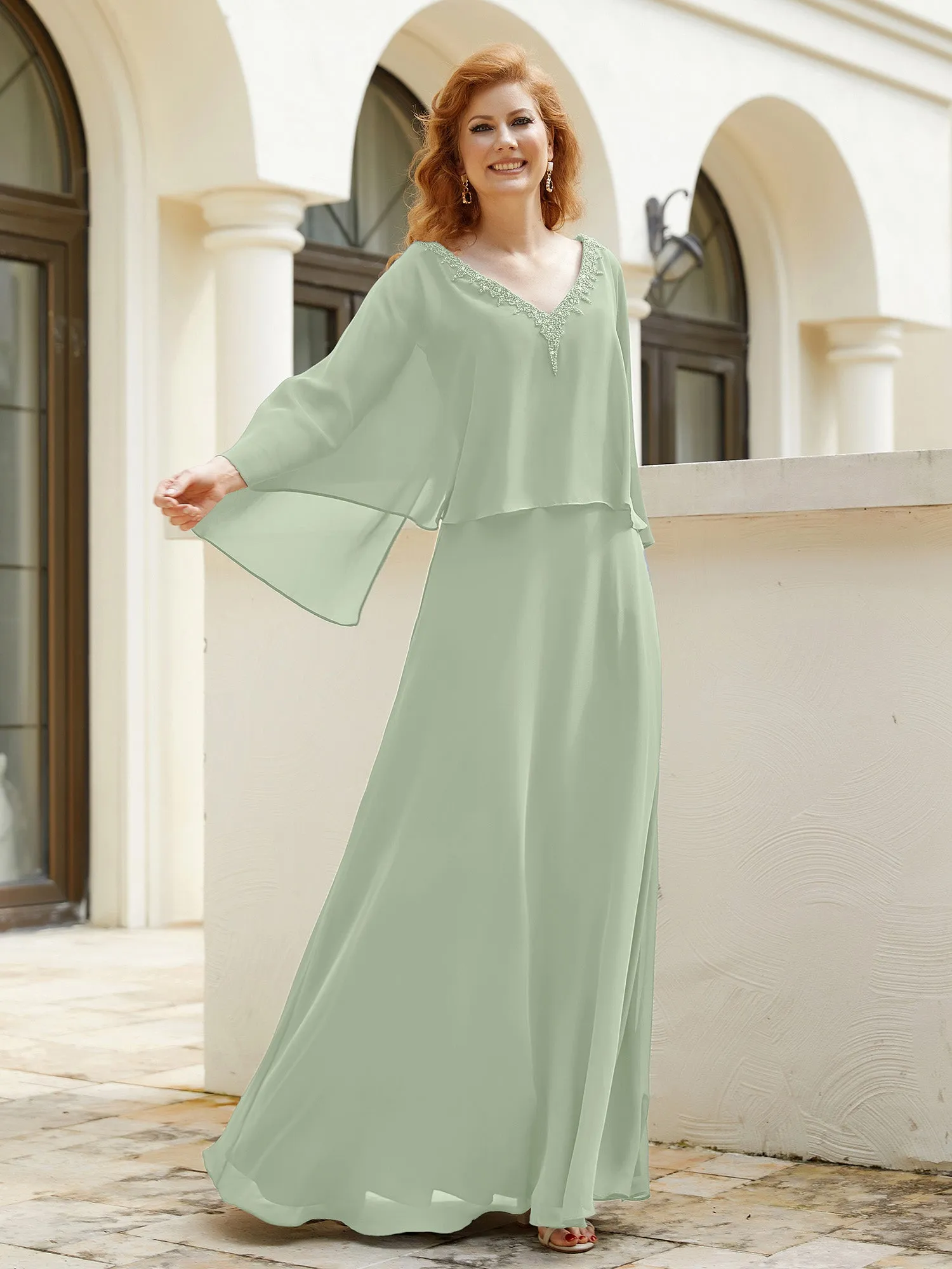A-Line Flutter Cape Sleeves Dress with Beaded V-neck-Dusty Sage