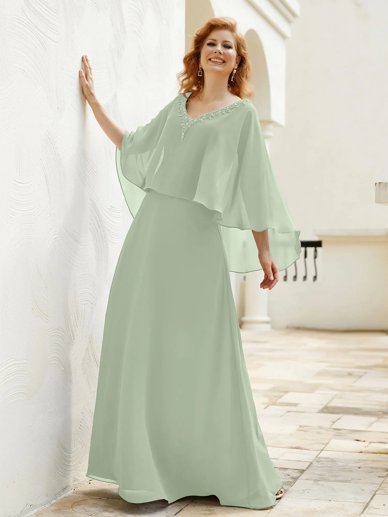 A-Line Flutter Cape Sleeves Dress with Beaded V-neck-Dusty Sage