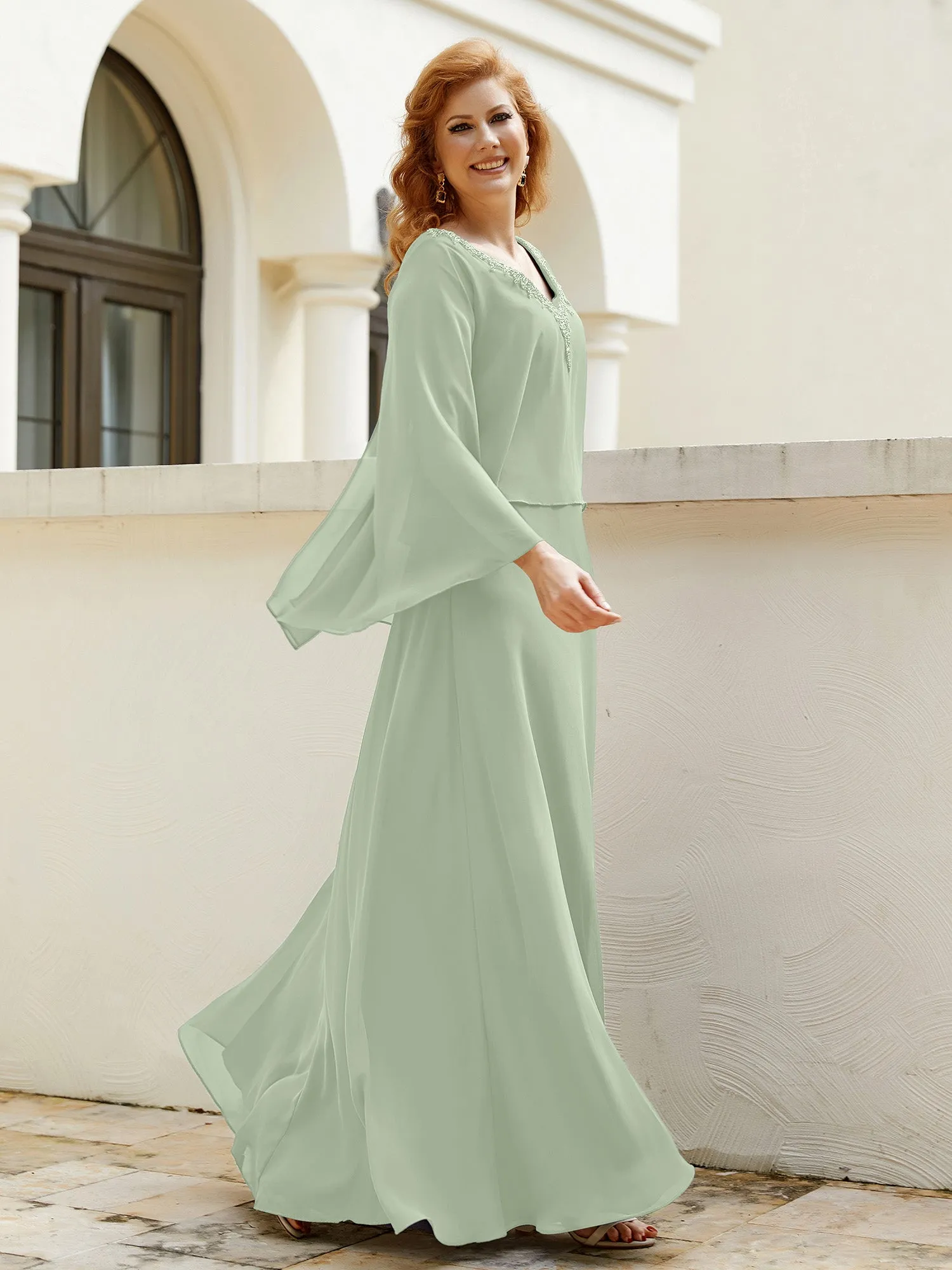 A-Line Flutter Cape Sleeves Dress with Beaded V-neck-Dusty Sage