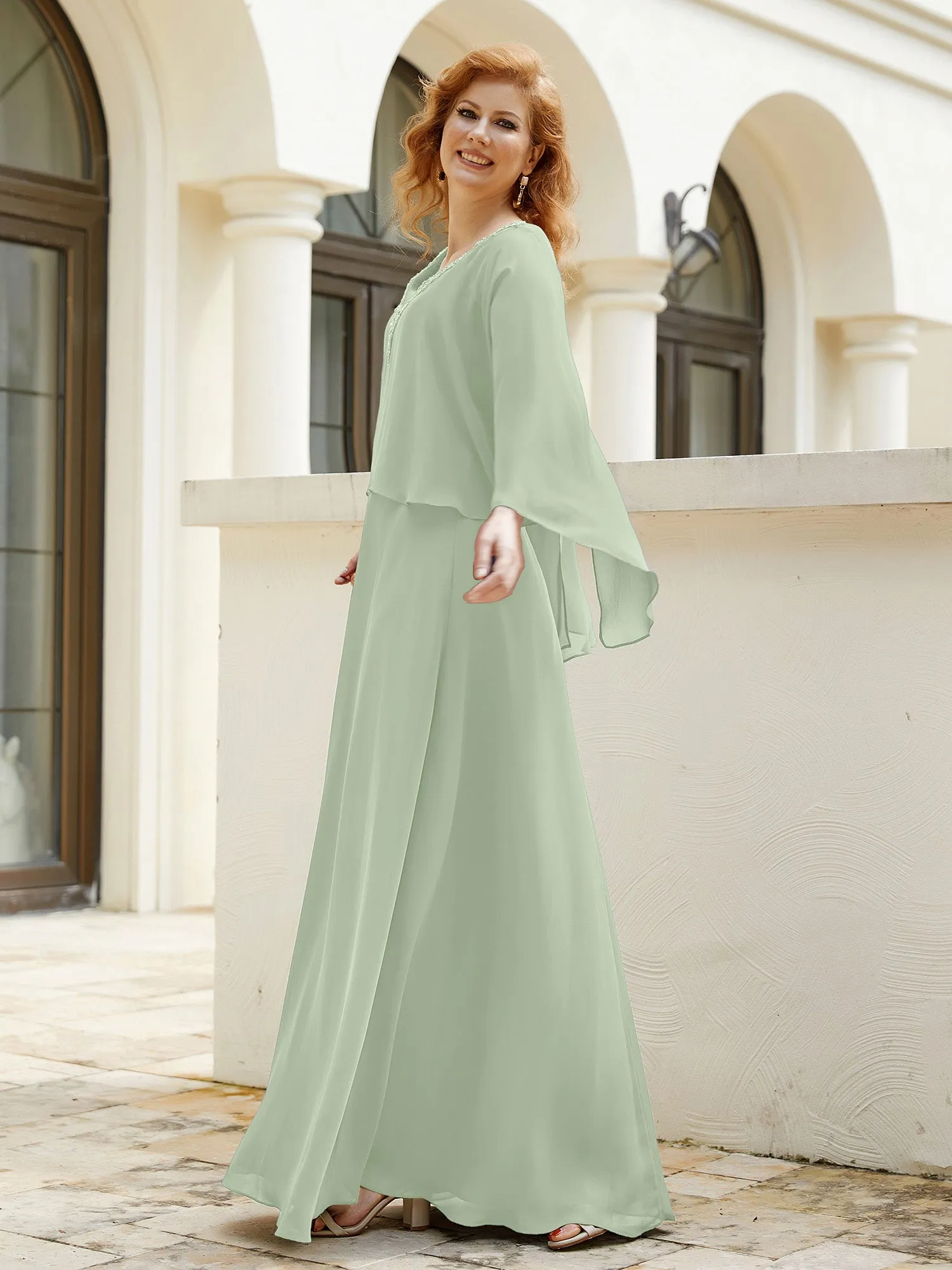 A-Line Flutter Cape Sleeves Dress with Beaded V-neck-Dusty Sage