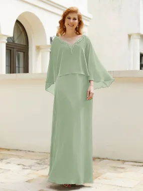 A-Line Flutter Cape Sleeves Dress with Beaded V-neck-Dusty Sage